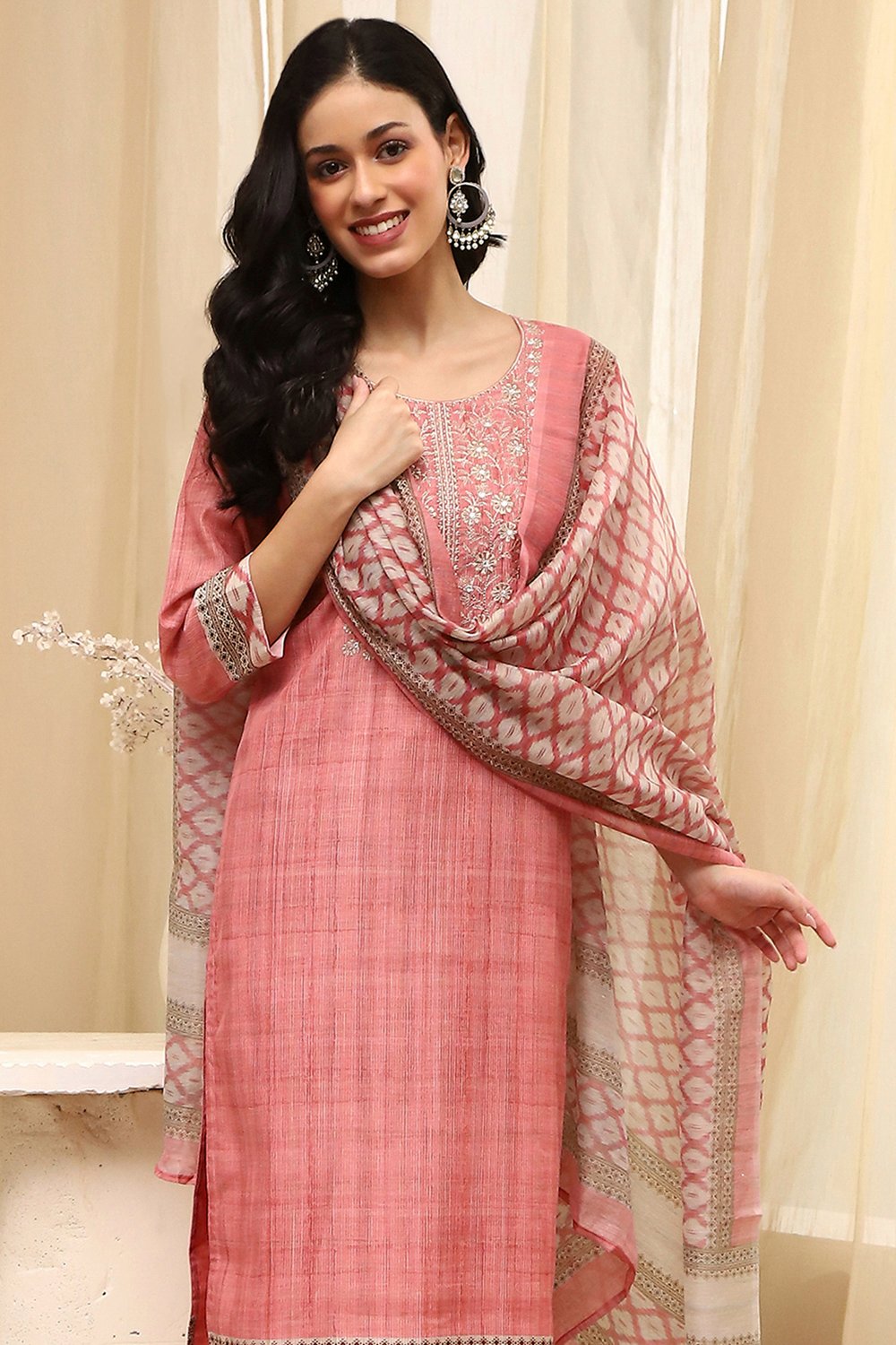 Pink Cotton Machine-Embroidered Unstitched Suit Set image number 8