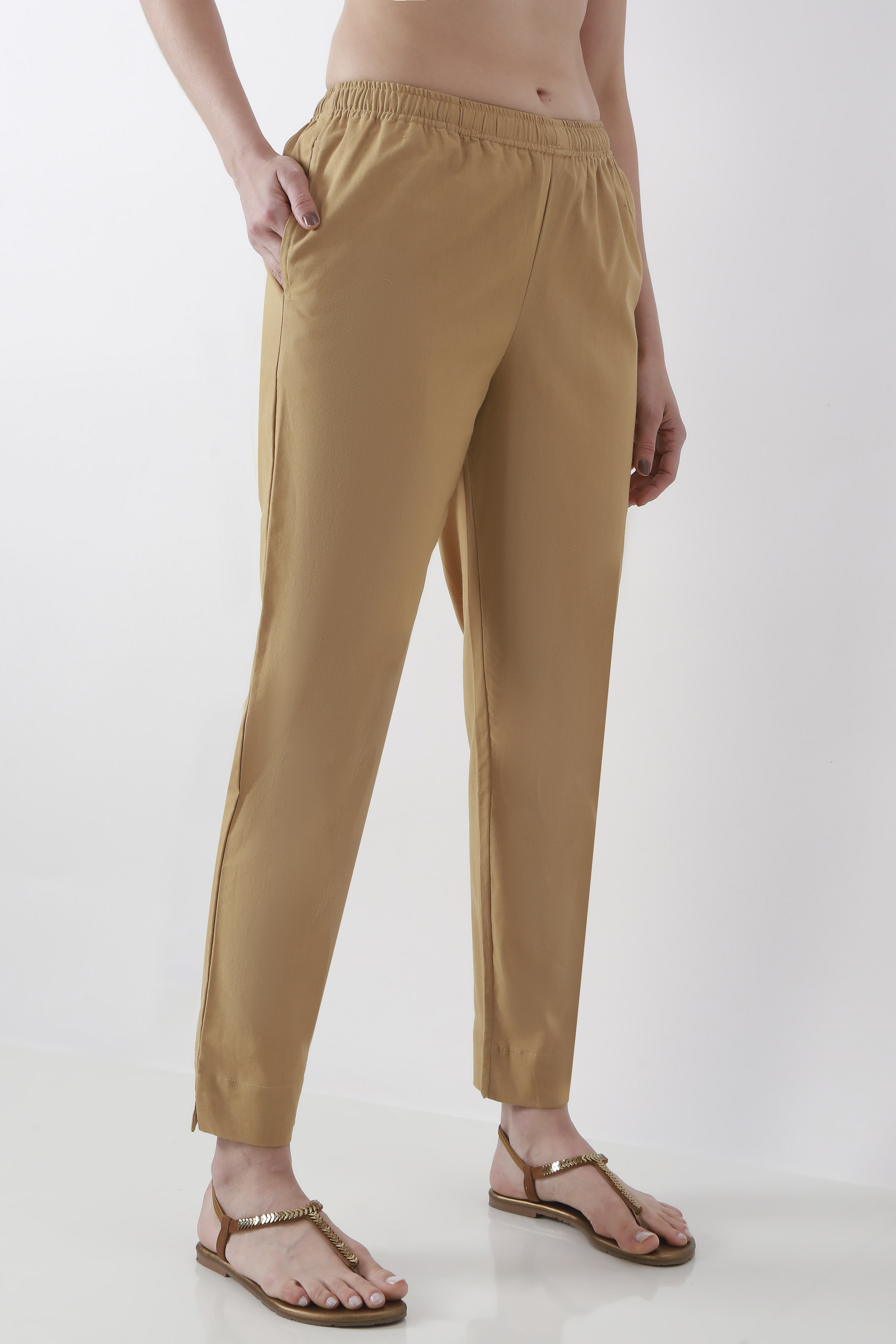 Beige Cotton Slim Pants image number 3
