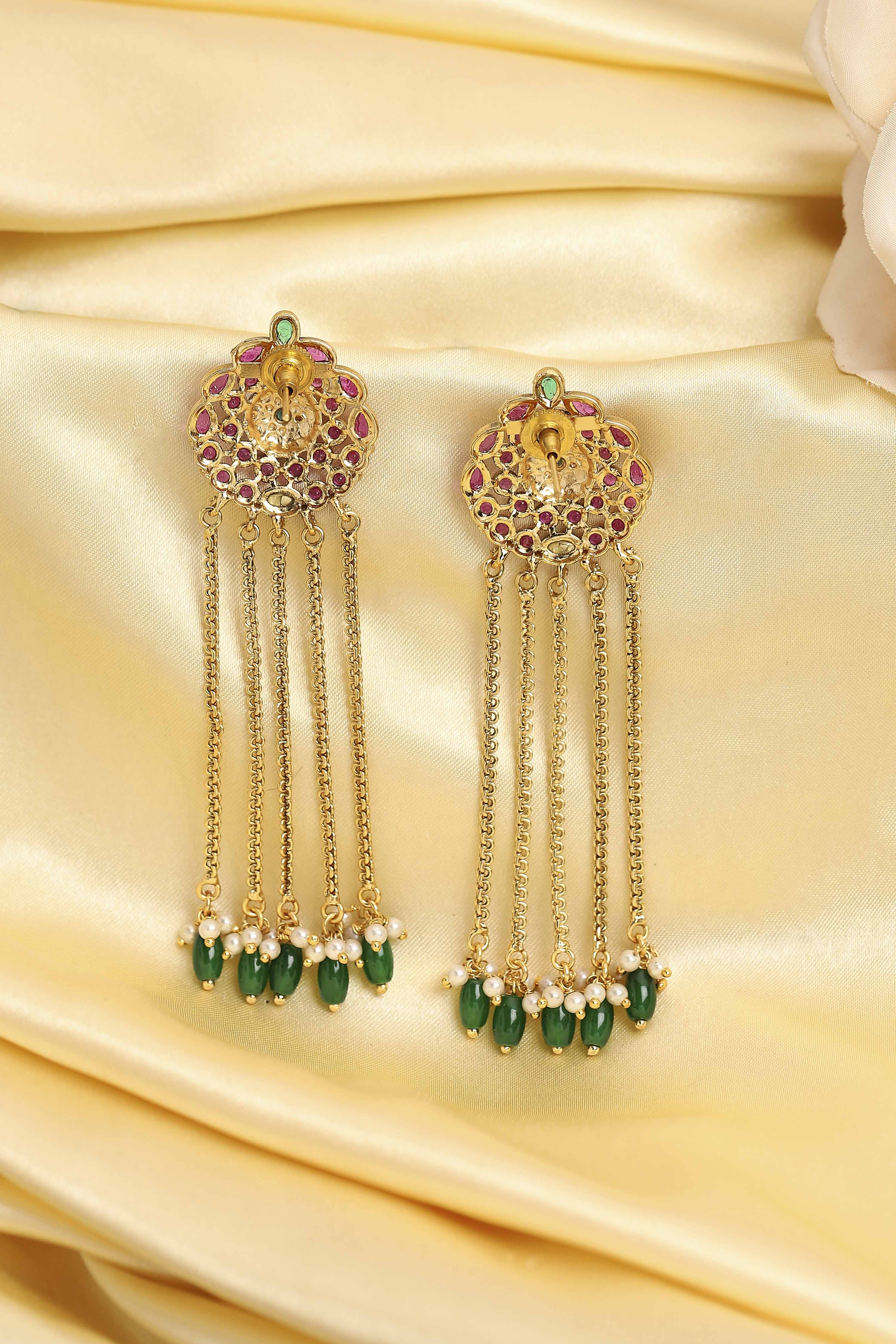 Multicolour Gold Plated Brass Stone Studded Drop Earrings image number 2