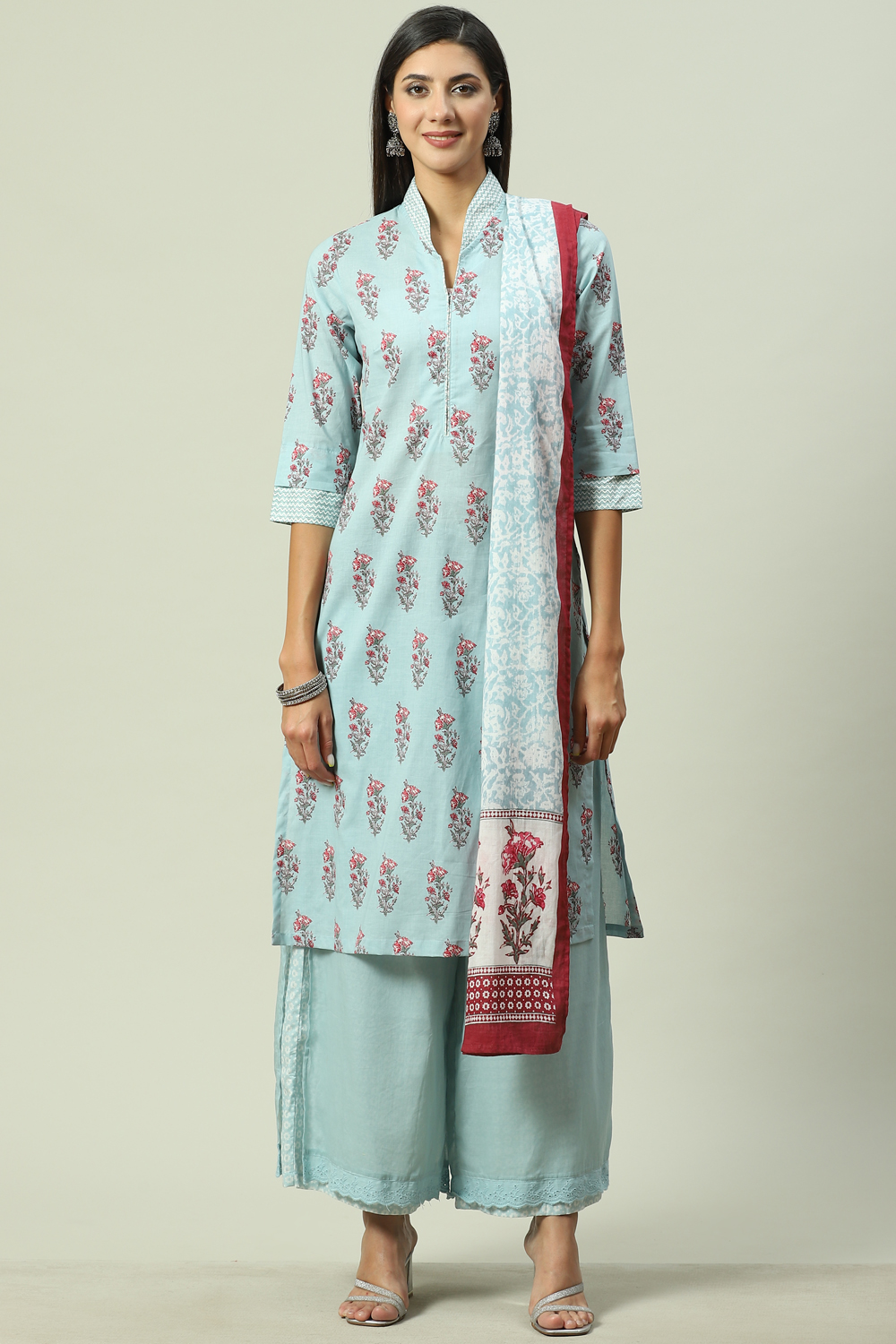 Sky Blue Cotton Straight Kurta Palazzo Suit Set image number 7