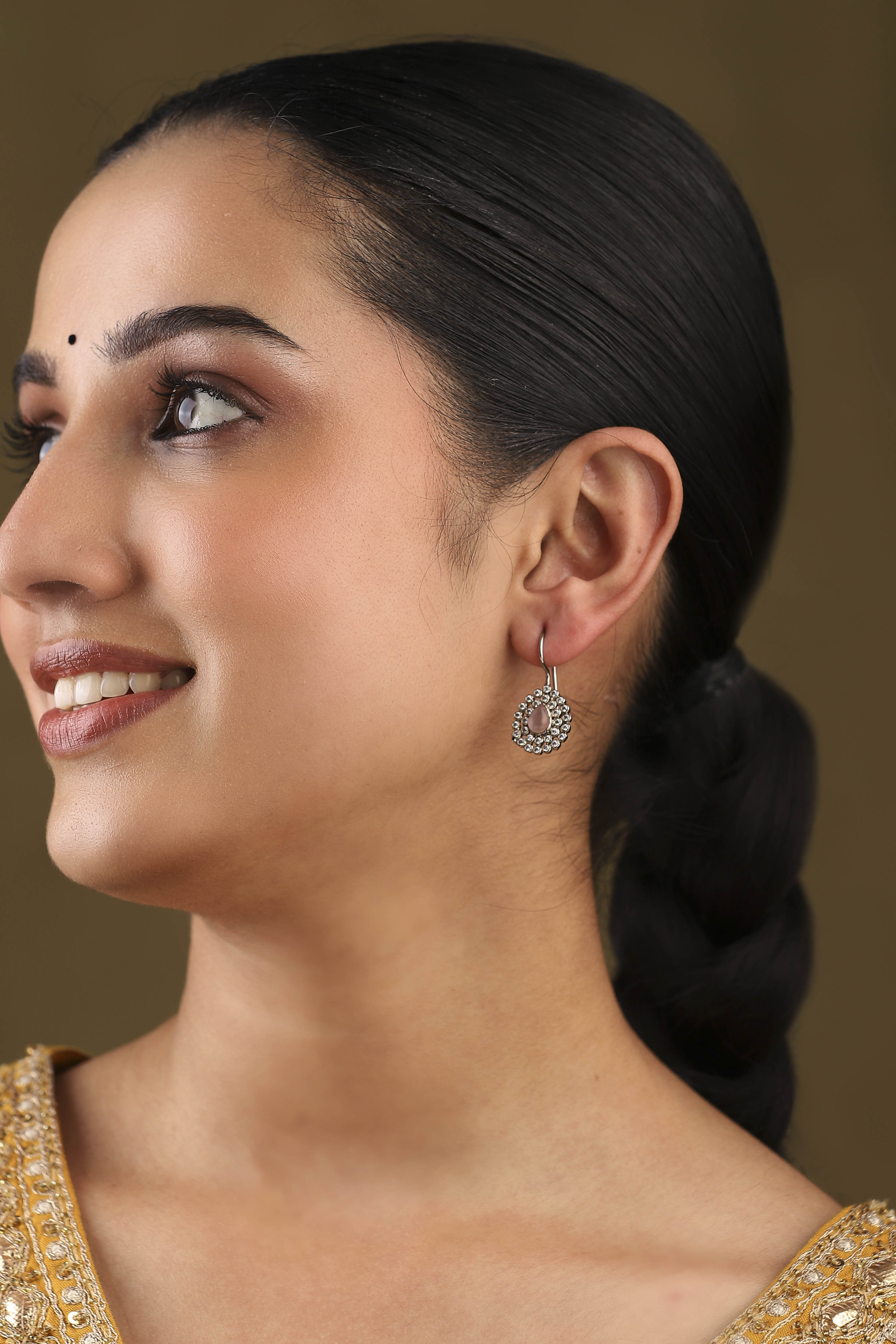 Pink Silver Plated Brass Studded Drop Earrings image number 3