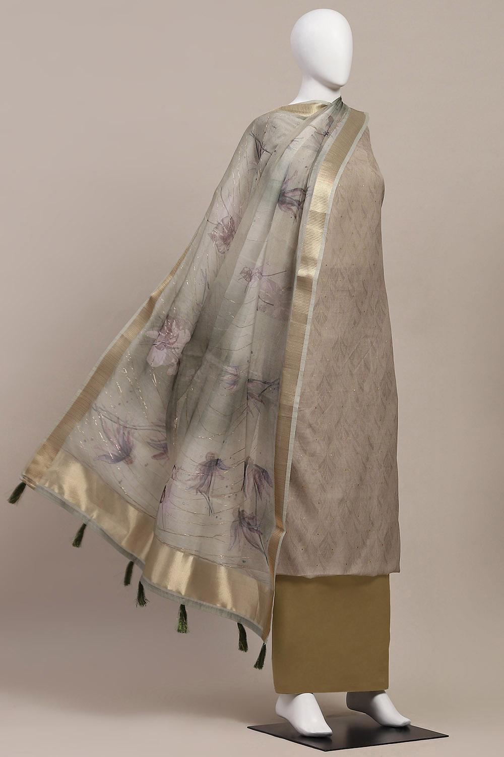 Mint Green Chanderi Double Dupatta Unstitched Suit Set image number 4