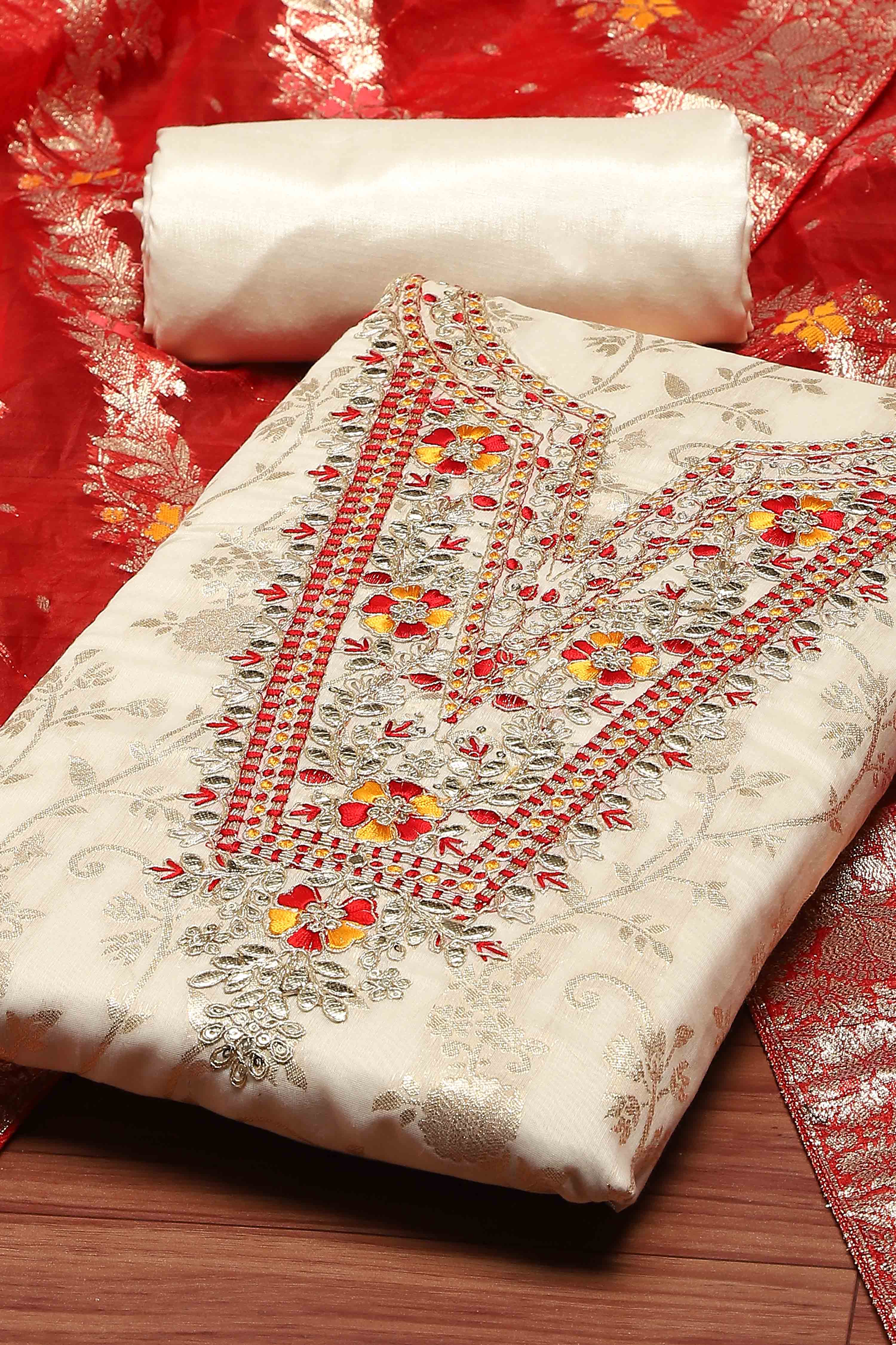 Red Tissue Chanderi Embroidered Unstitched Suit Set image number 1