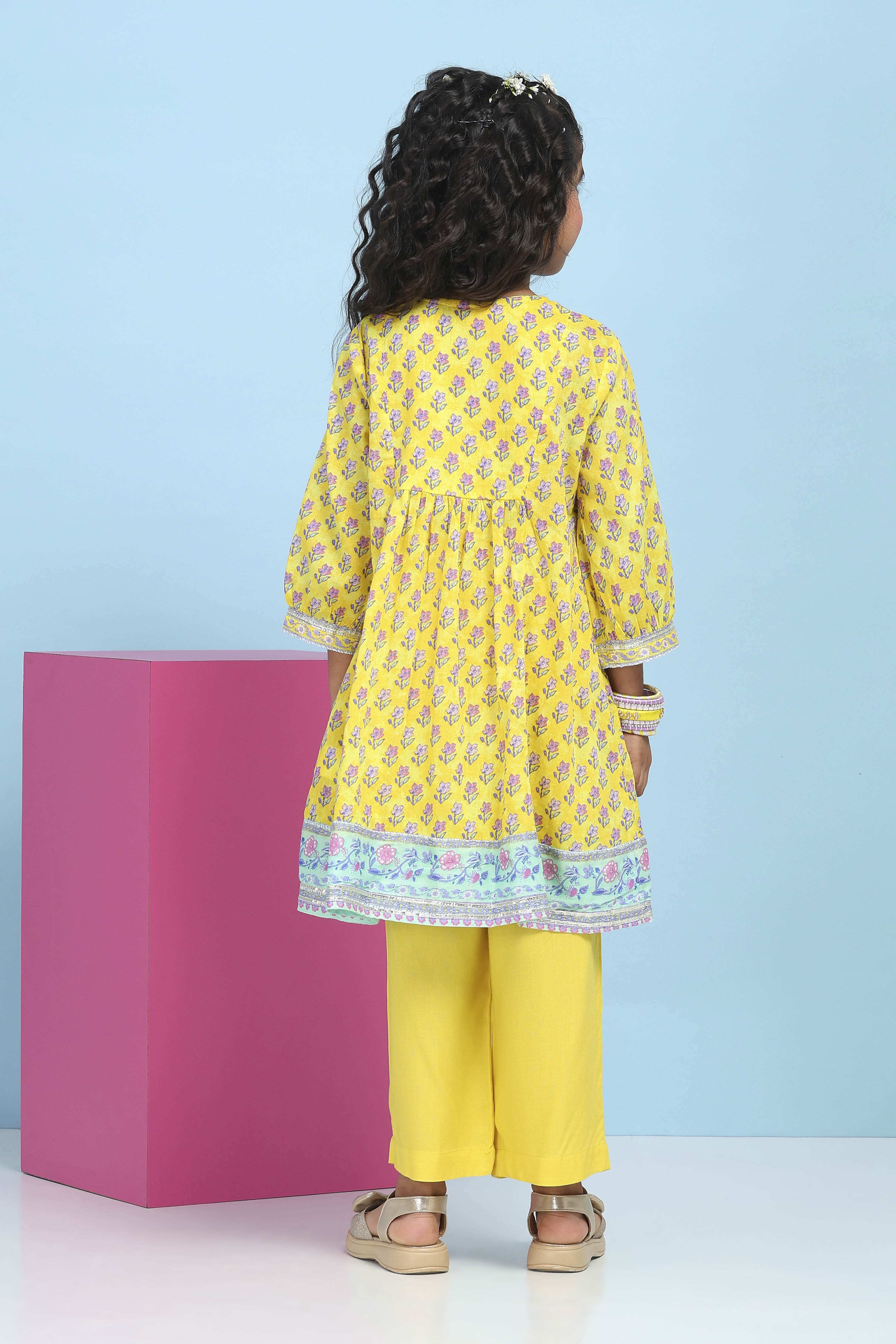 Yellow Cotton Printed A-Line Suit Set image number 4