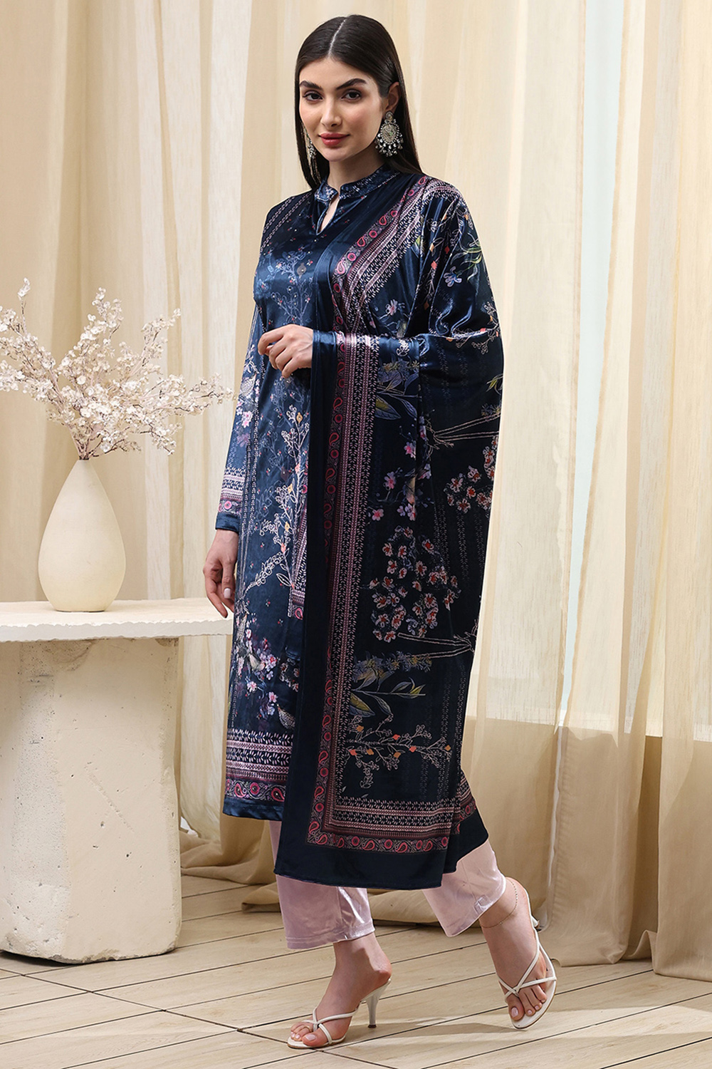 Petrol Blue Polyester Straight Printed Kurta Slim Pant Suit Set image number 3