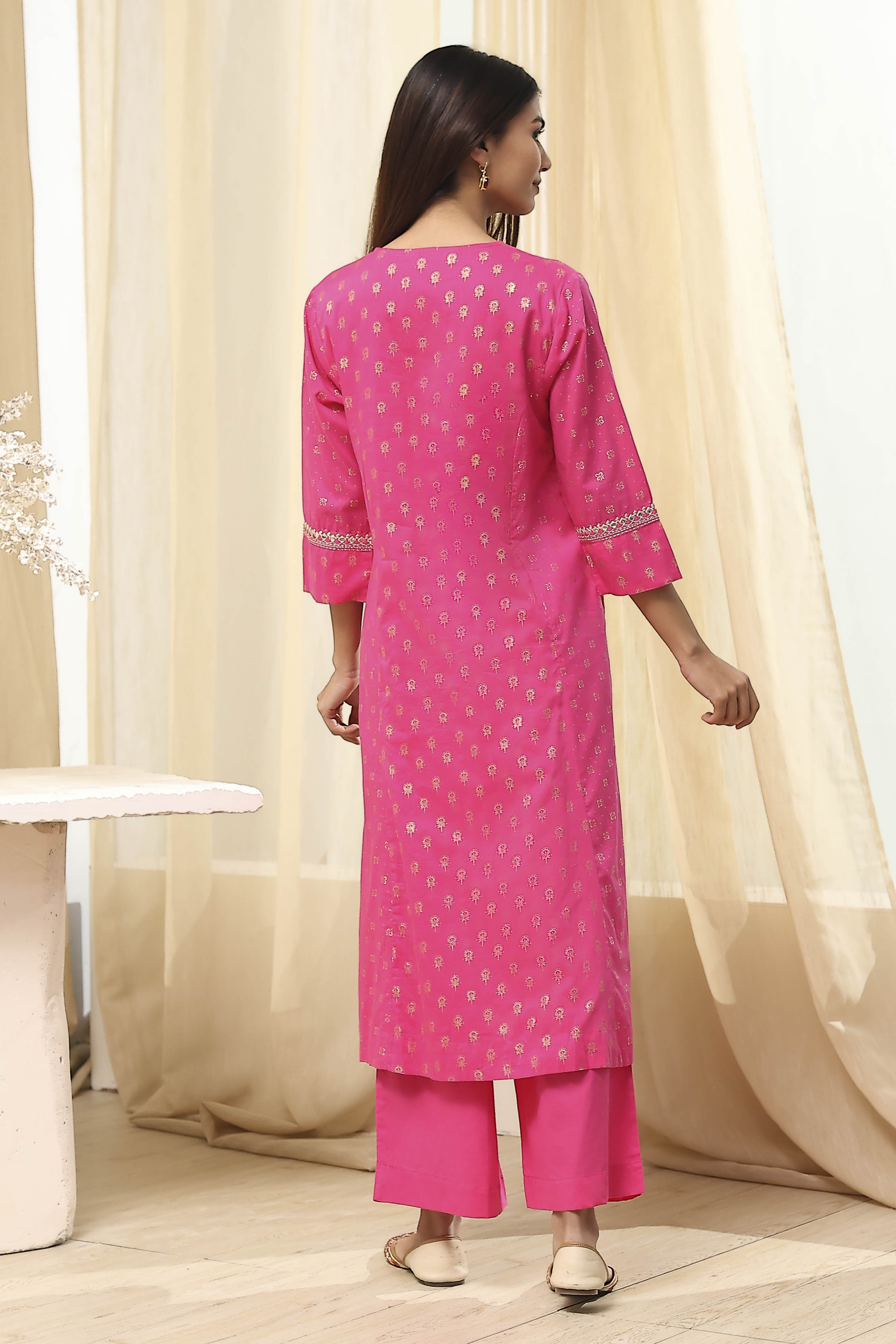 Fuchsia Cotton Printed Gathered Suit Set image number 4