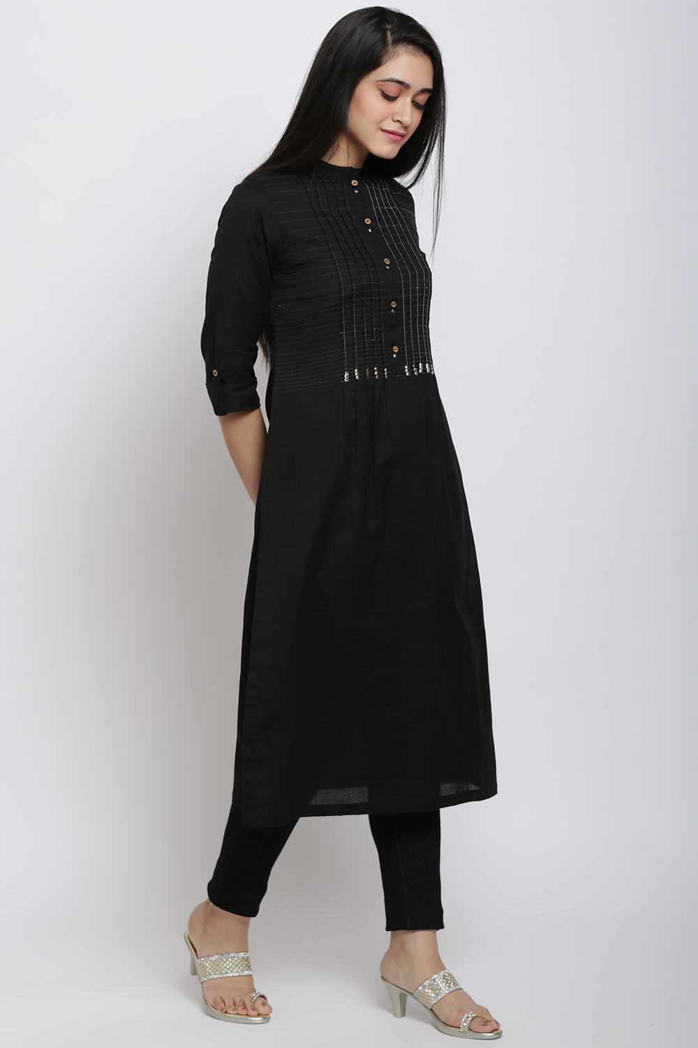 Black Cotton Flax Straight Kurta image number 4