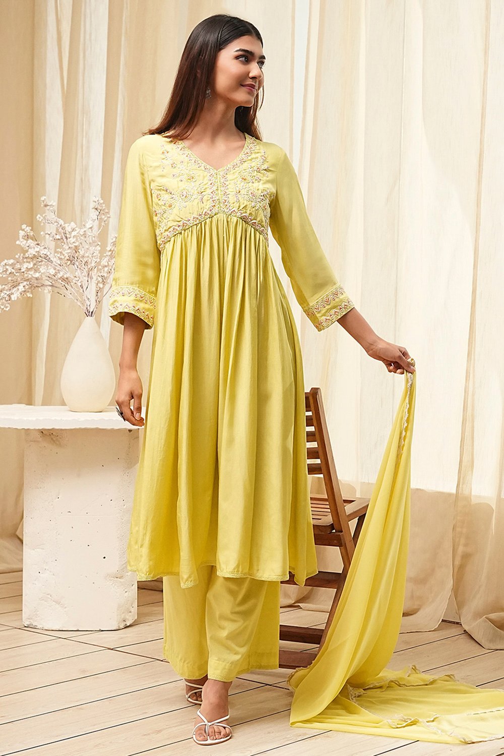 Lime Modal Blend Embroidered Gathered Suit Set image number 0