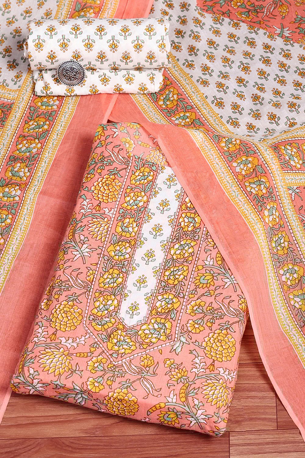 Lime Green and White Cotton Screen Print Unstitched Suit Set image number 0