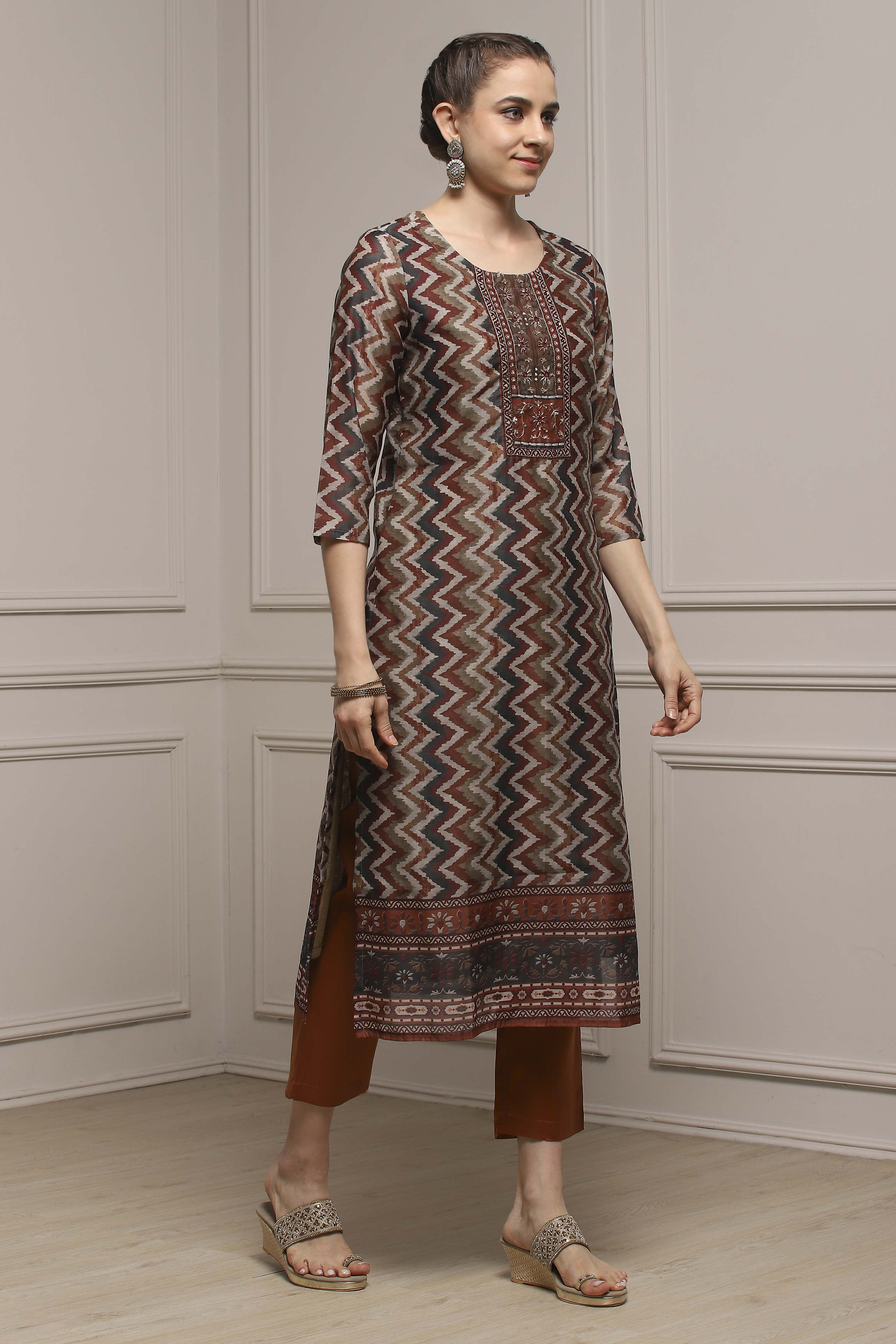 Orange Chanderi Blend Printed Embroidered Unstitched Suit Set image number 6