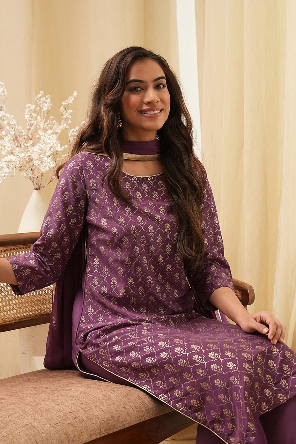 Dark Navy Art Silk Straight Kurta Slim Pants Suit Set image number 0