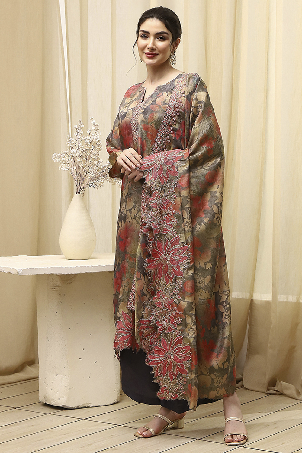 Grey Tissue Printed Embroidered Unstitched Suit Set image number 4