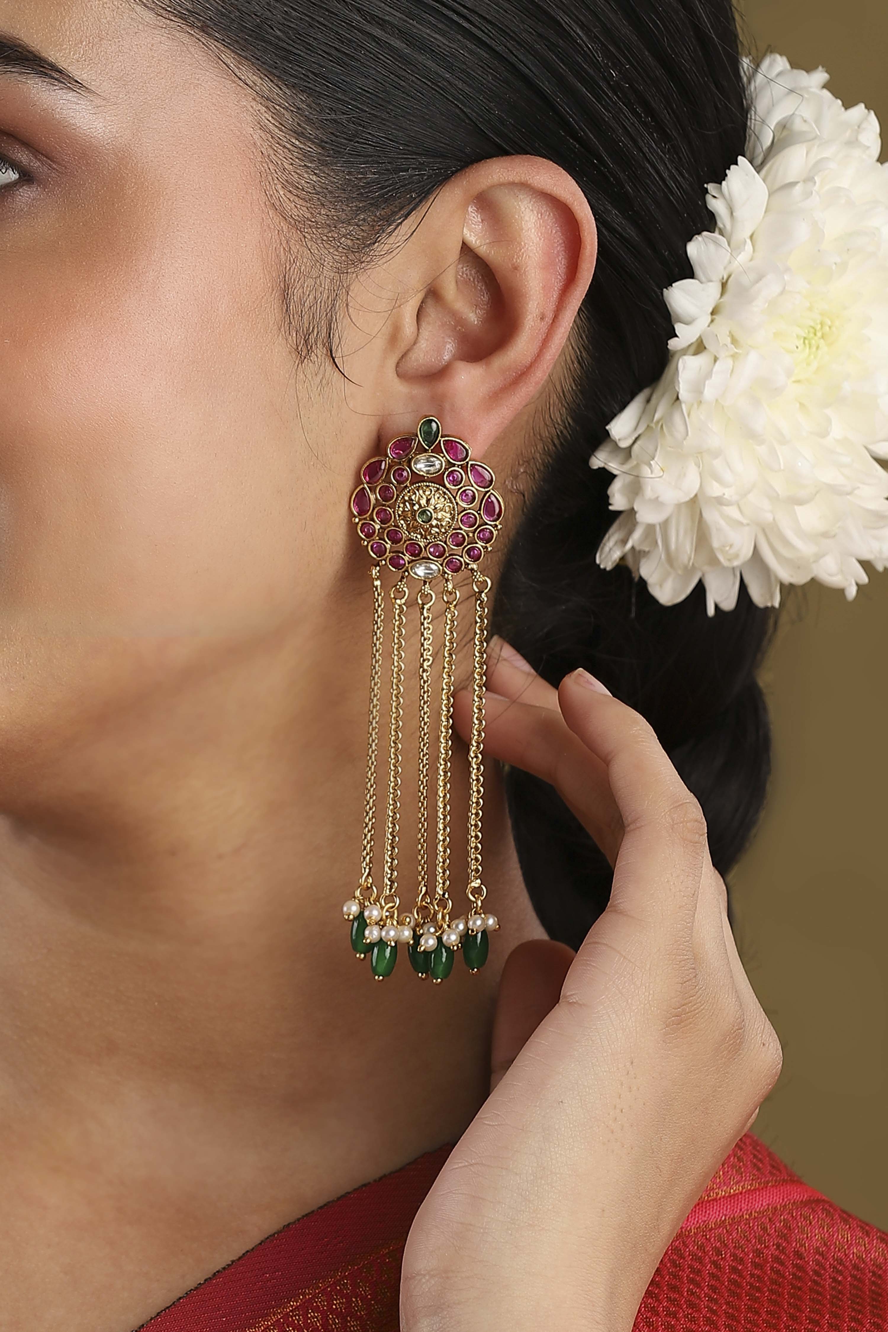 Multicolour Gold Plated Brass Stone Studded Drop Earrings image number 1