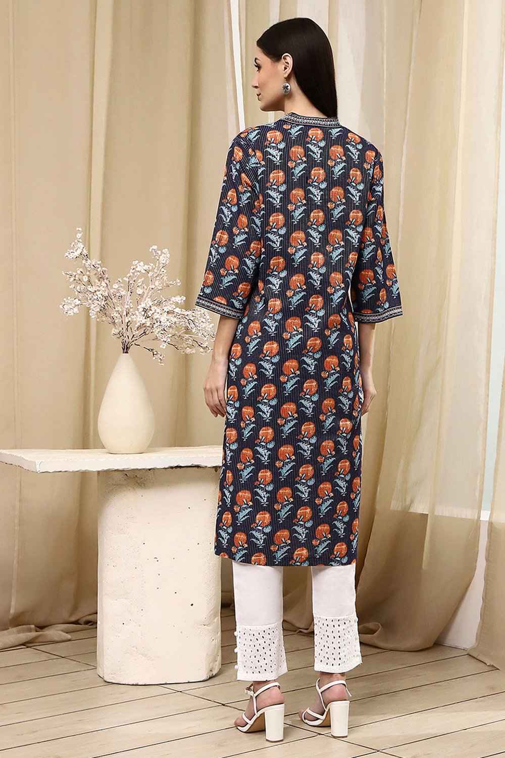 Blue Cotton Printed Straight Kurta image number 3