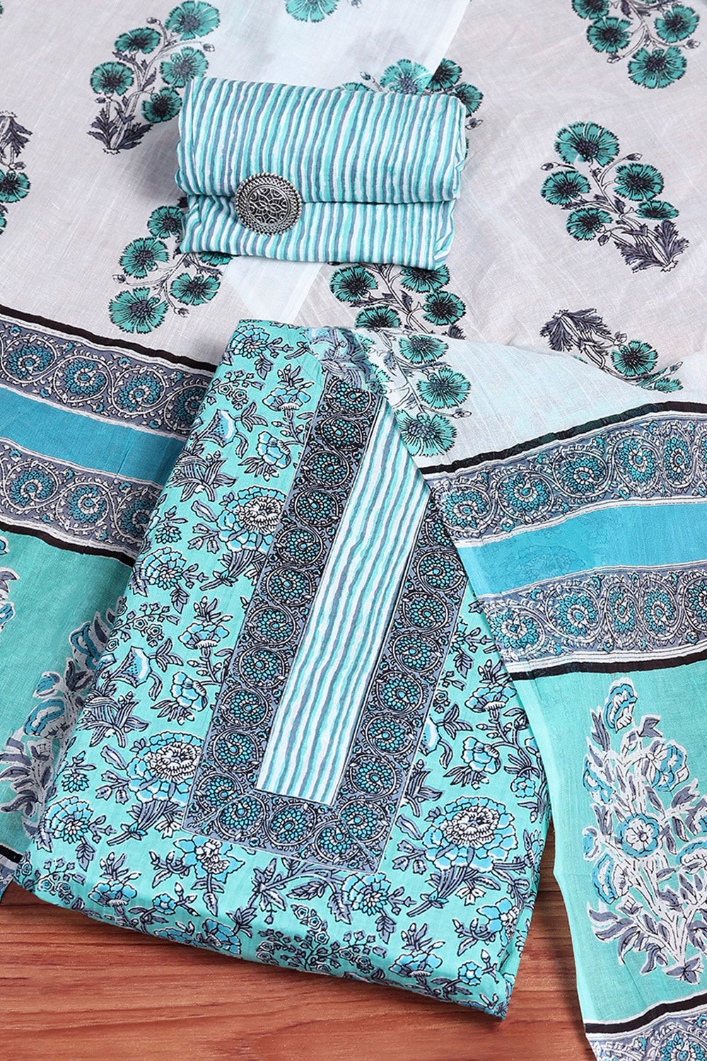 Turquoise Cotton Hand Block Print Unstitched Suit Set image number 0