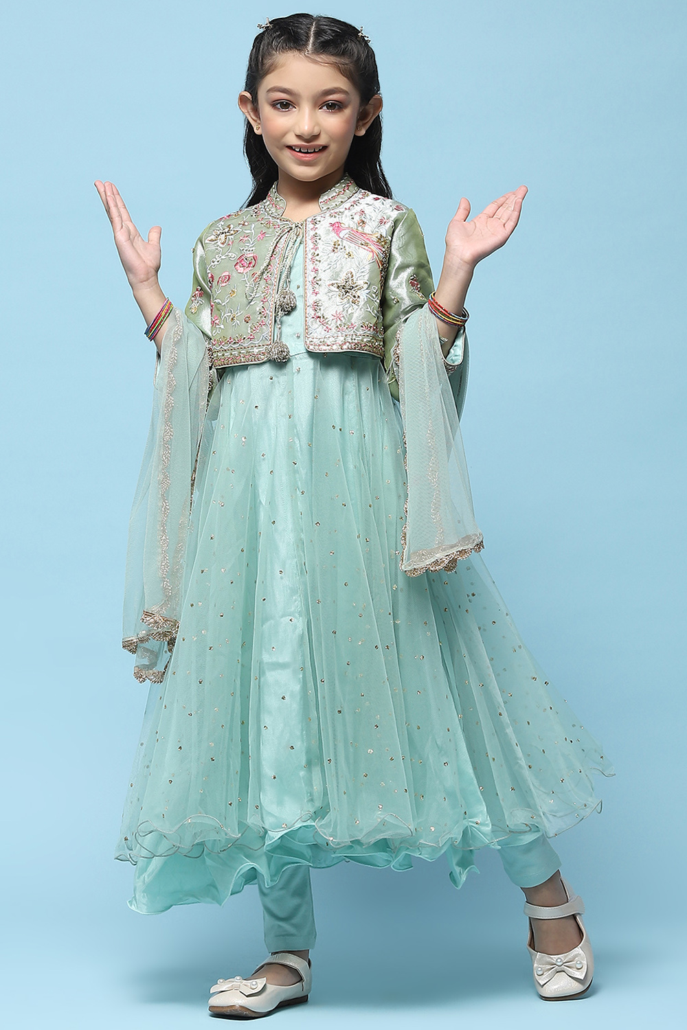 Ivory Cotton Blend Anarkali With Jacket Printed Suit Set image number 0