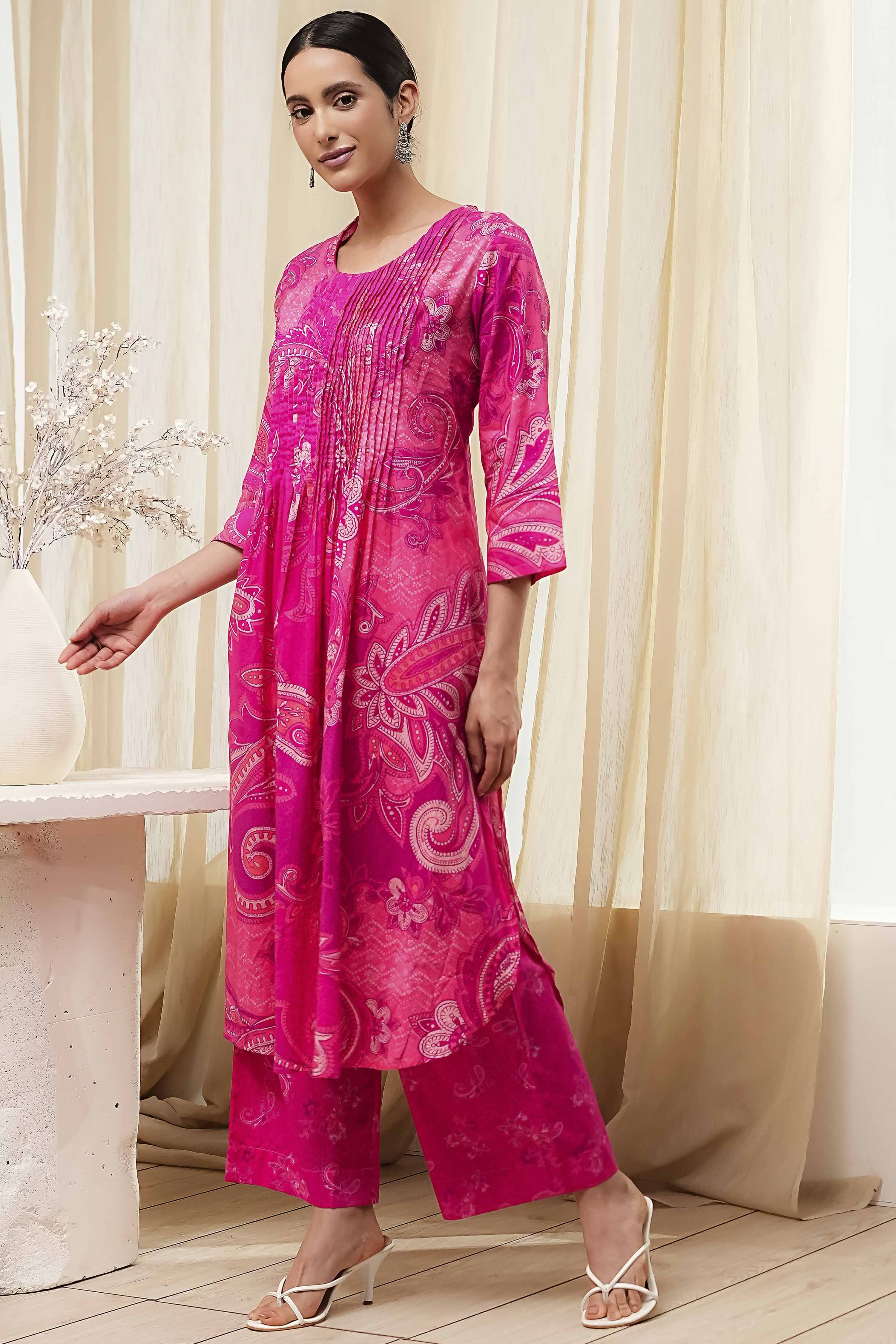 Pink Cotton Printed Pleated Kurta Set image number 3
