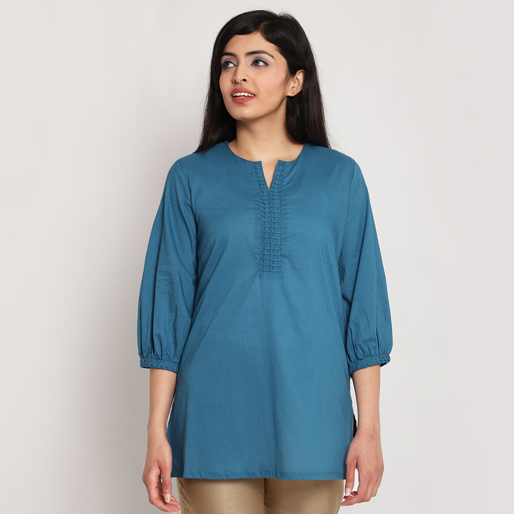 Sky Blue Cotton Short Solid Kurti image number 2