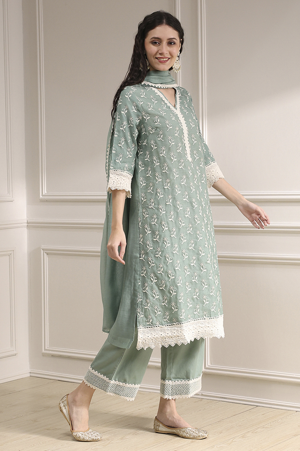 Nude-Toned Chanderi Straight Suit Set image number 5