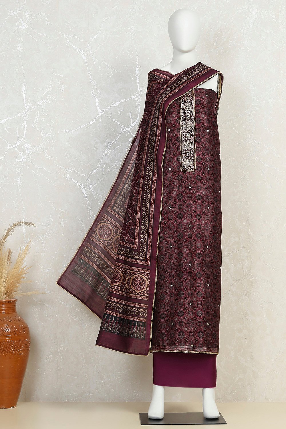 Wine Silk Blend Hand Embroidered Unstitched Suit Set image number 4