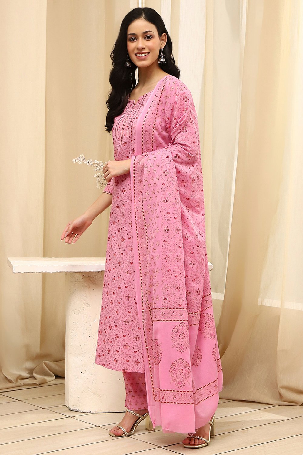 Pink Cotton Screen Print Unstitched Suit Set image number 4