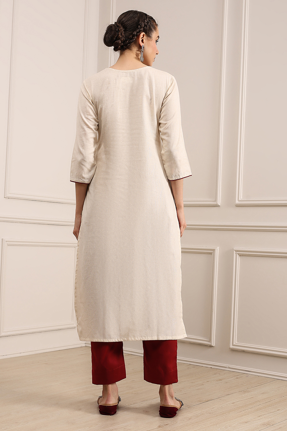 Beige Cotton Machine Embroidered Unstitched Suit Set image number 4