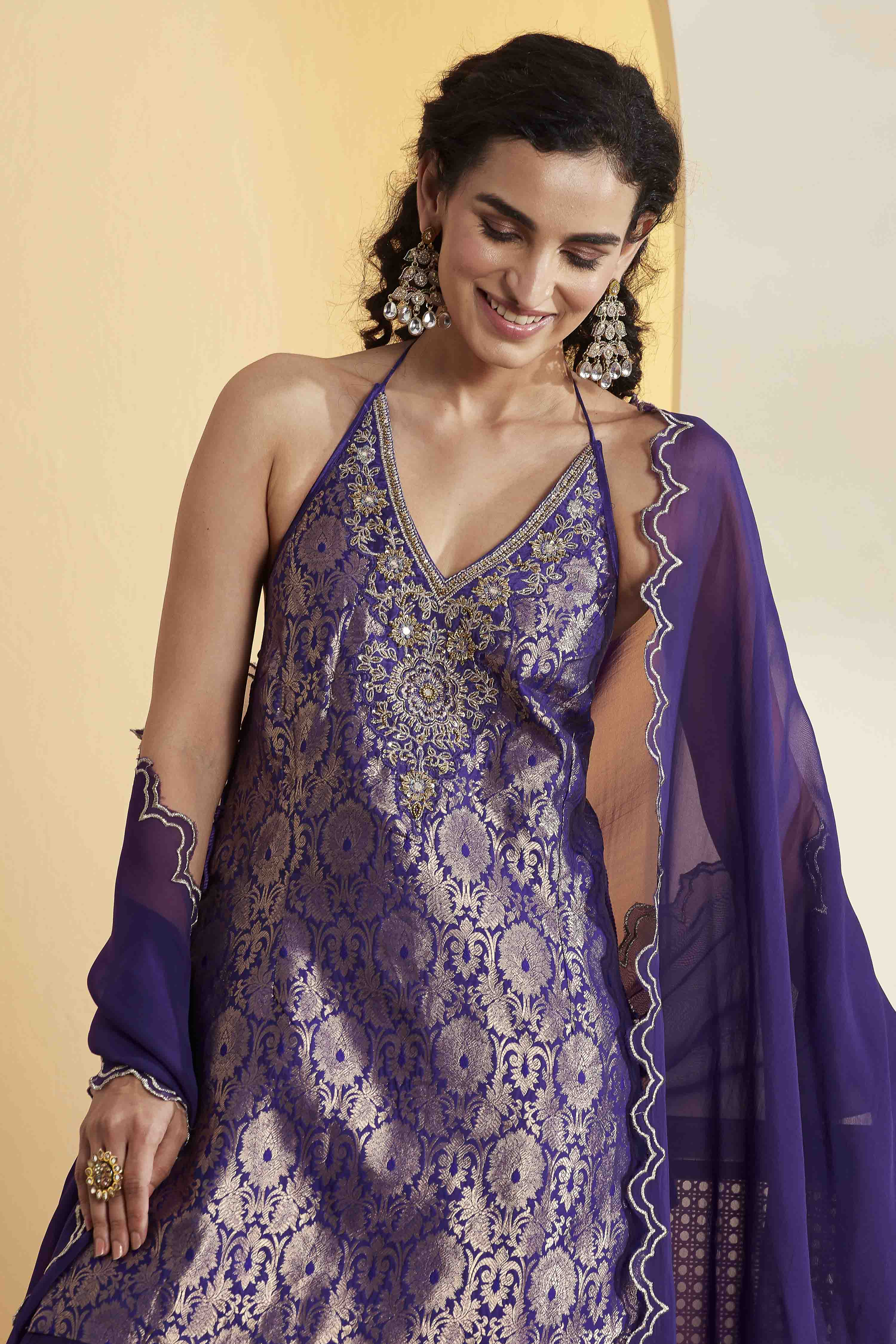 Violet Blue Viscose Rayon Halter Neck Sharara Set image number 1