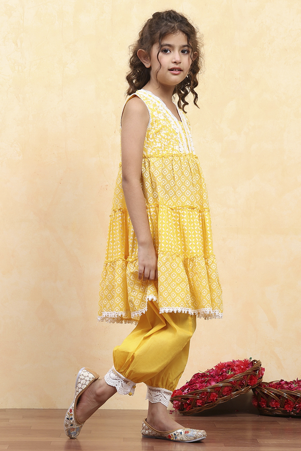 Dark Blue Cotton Tiered Printed Kurta Salwar Set image number 5