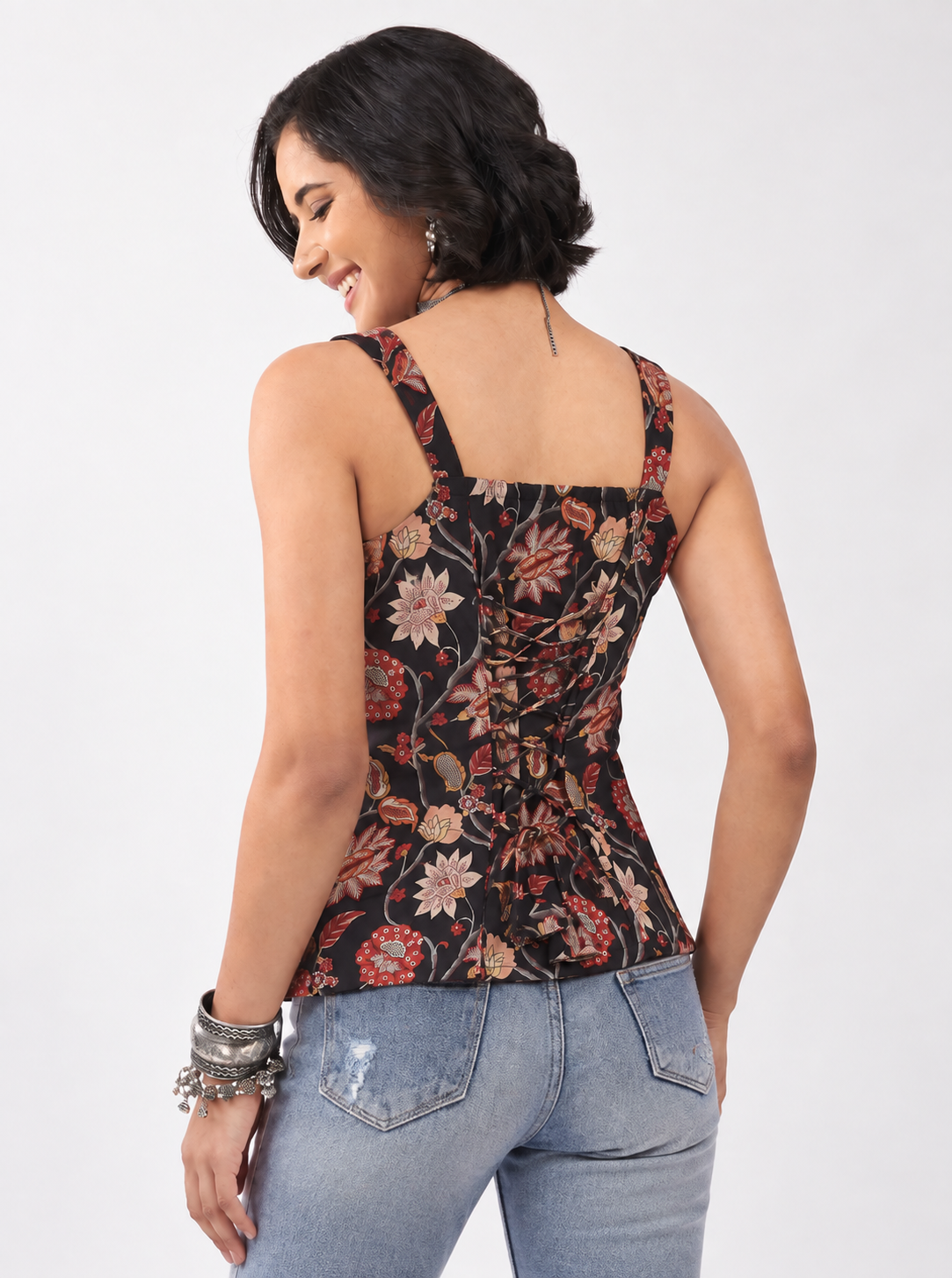 Black Cotton Floral Printed Straight Top image number 4