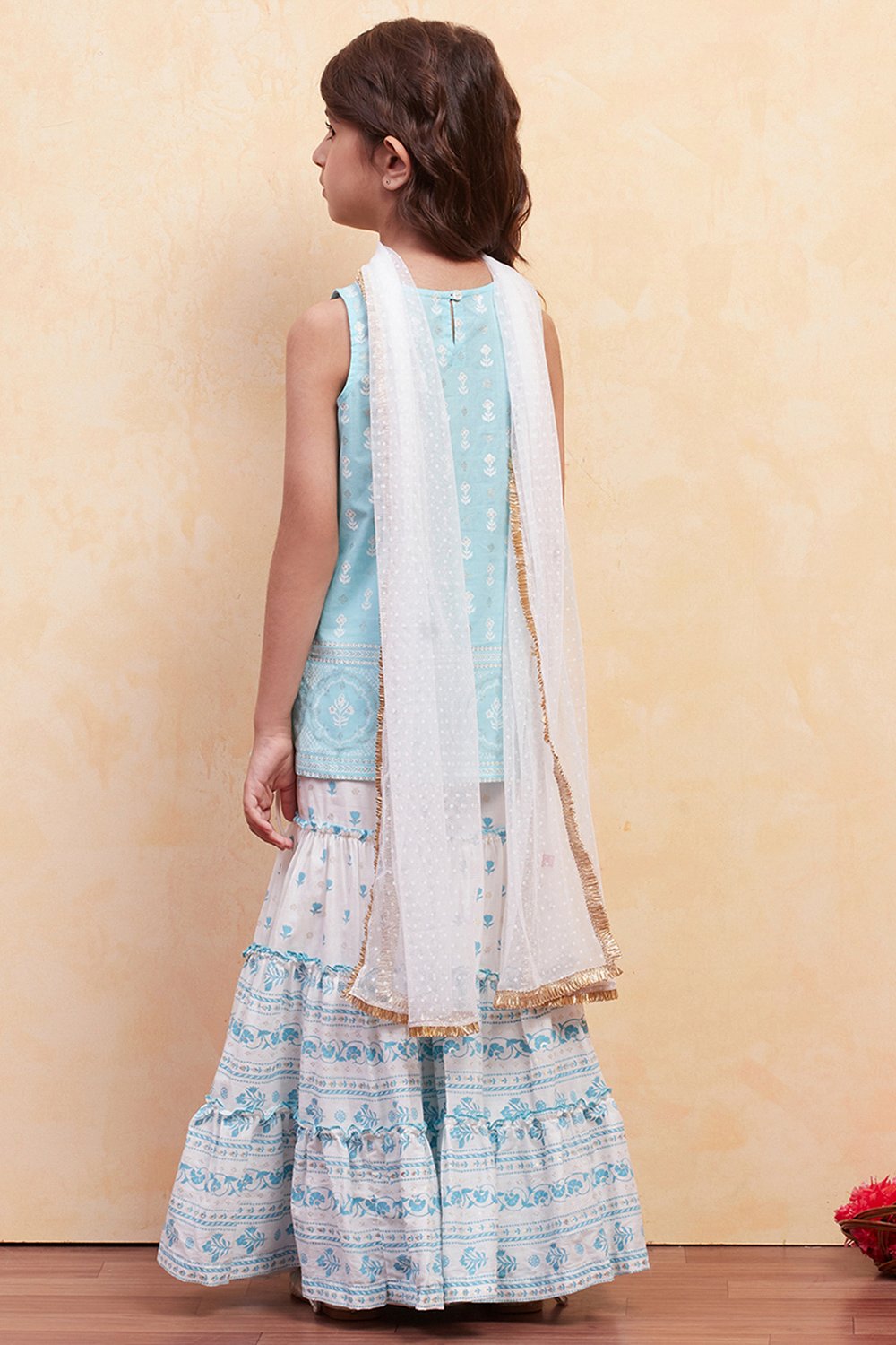 Turquoise Cotton Tiered Suit Set image number 4