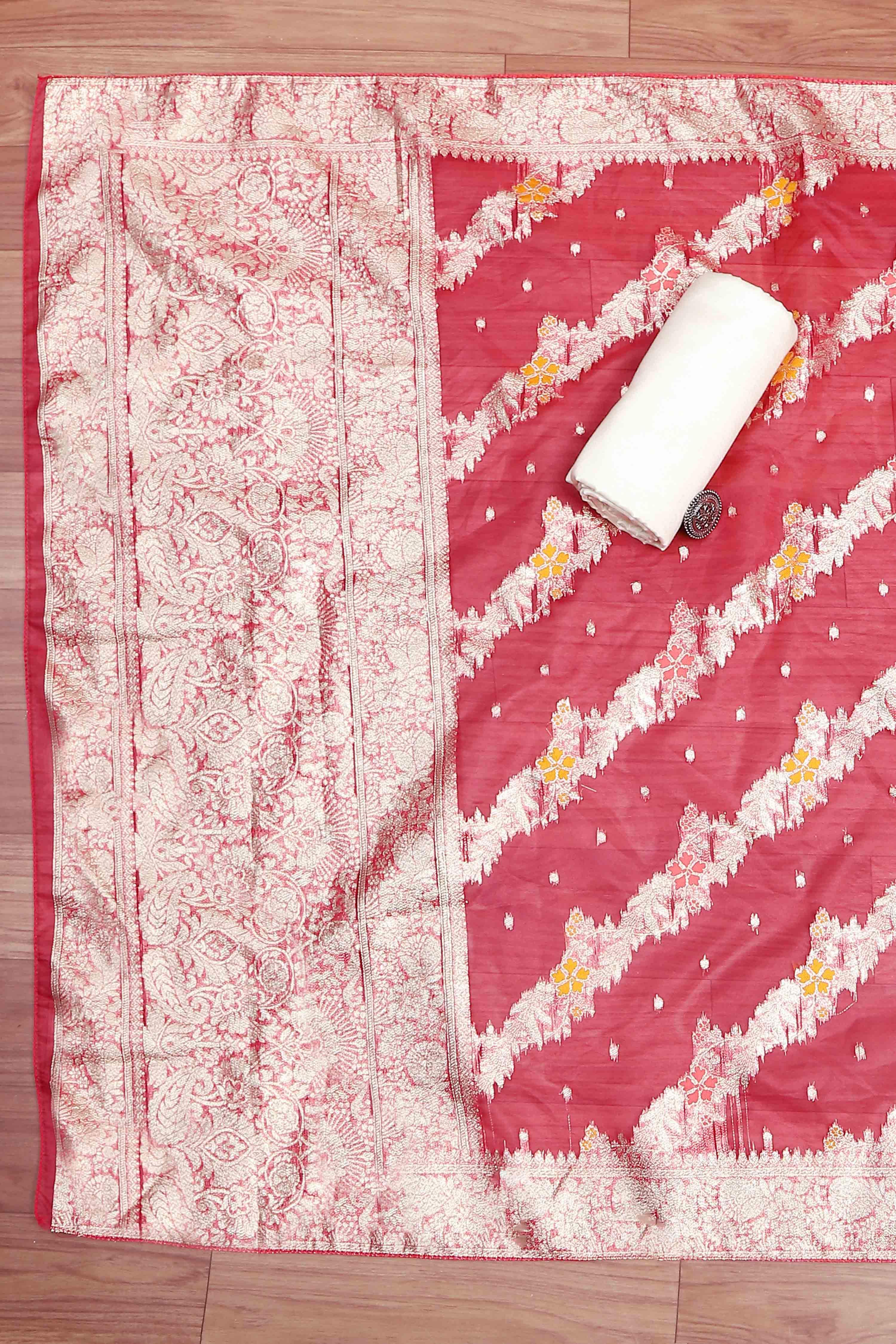 Red Tissue Chanderi Embroidered Unstitched Suit Set image number 3