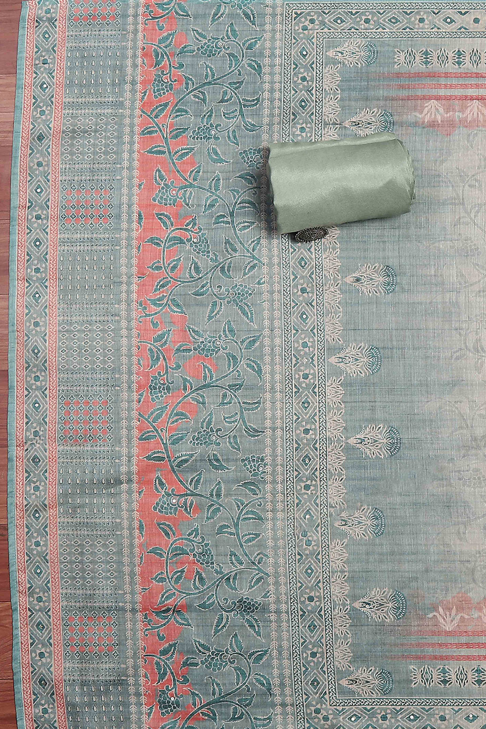 Teal Chanderi Hand Embroidered Unstitched Suit Set image number 3