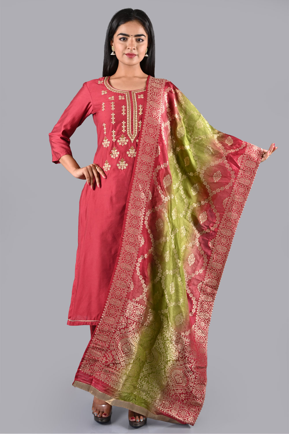 Red Muslin Cotton Easy Stitch Suit Set image number 0