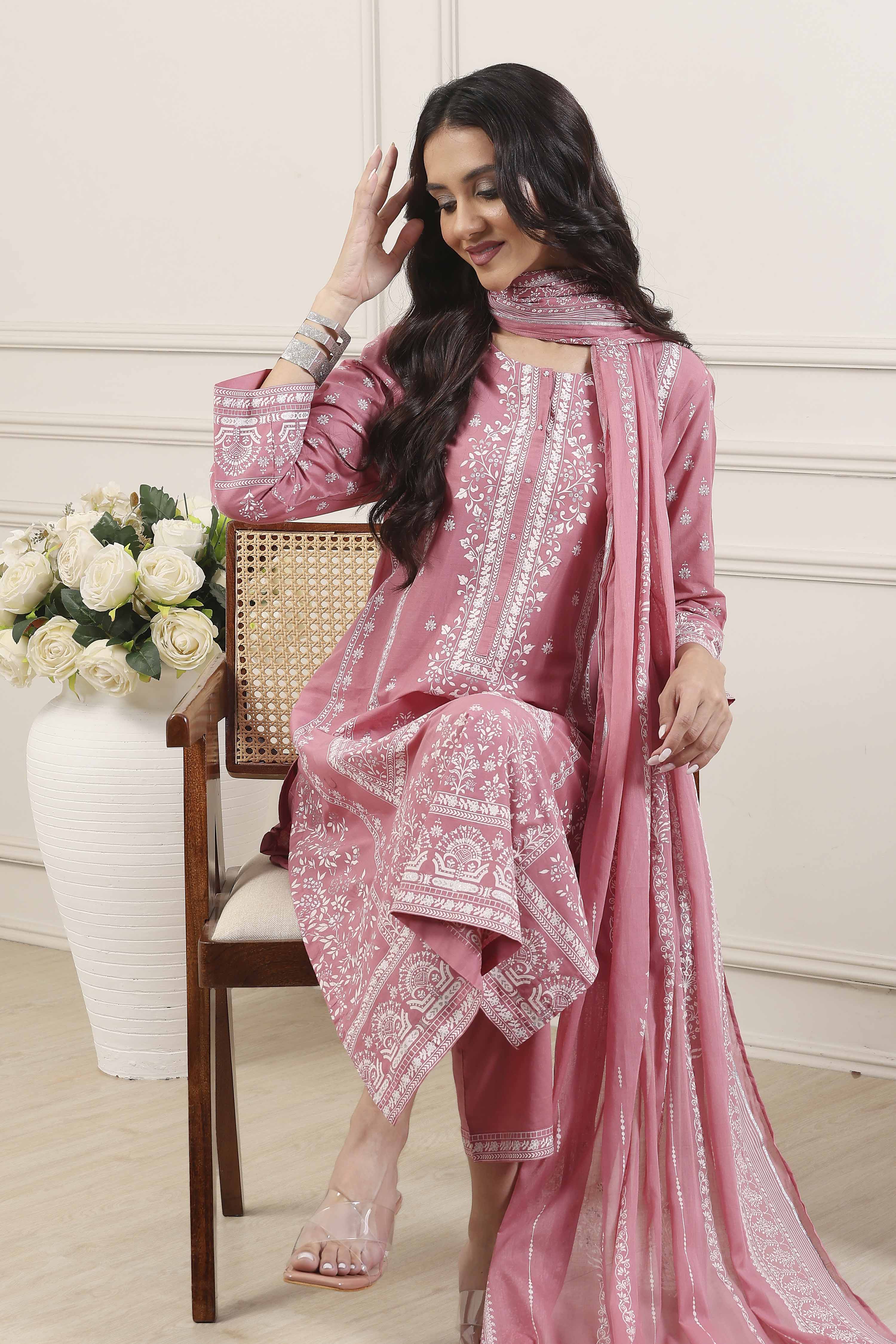 Pink Cotton Straight Suit Set image number 0
