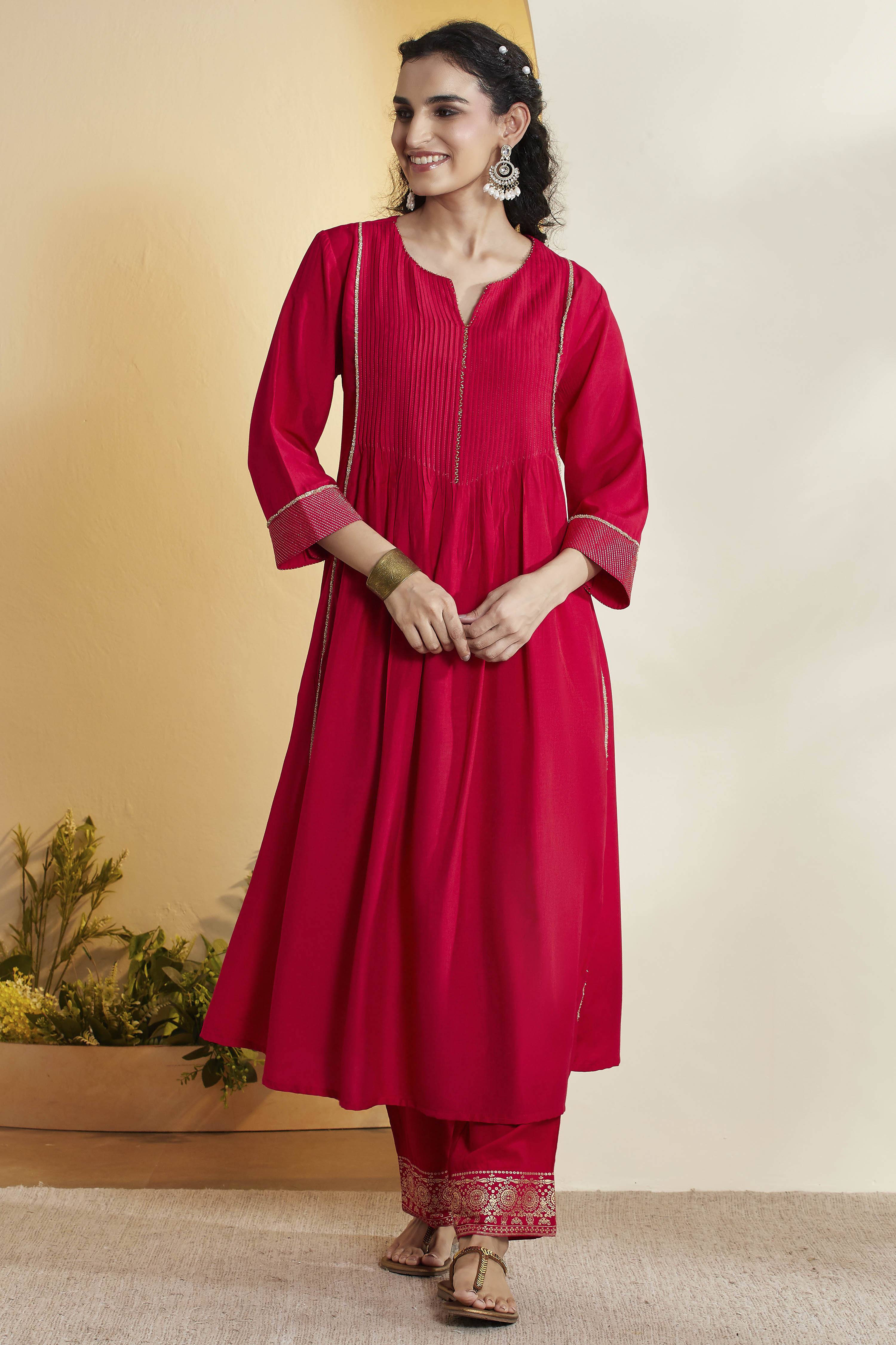 Pink Viscose Blend Solid Flared Kurta image number 6