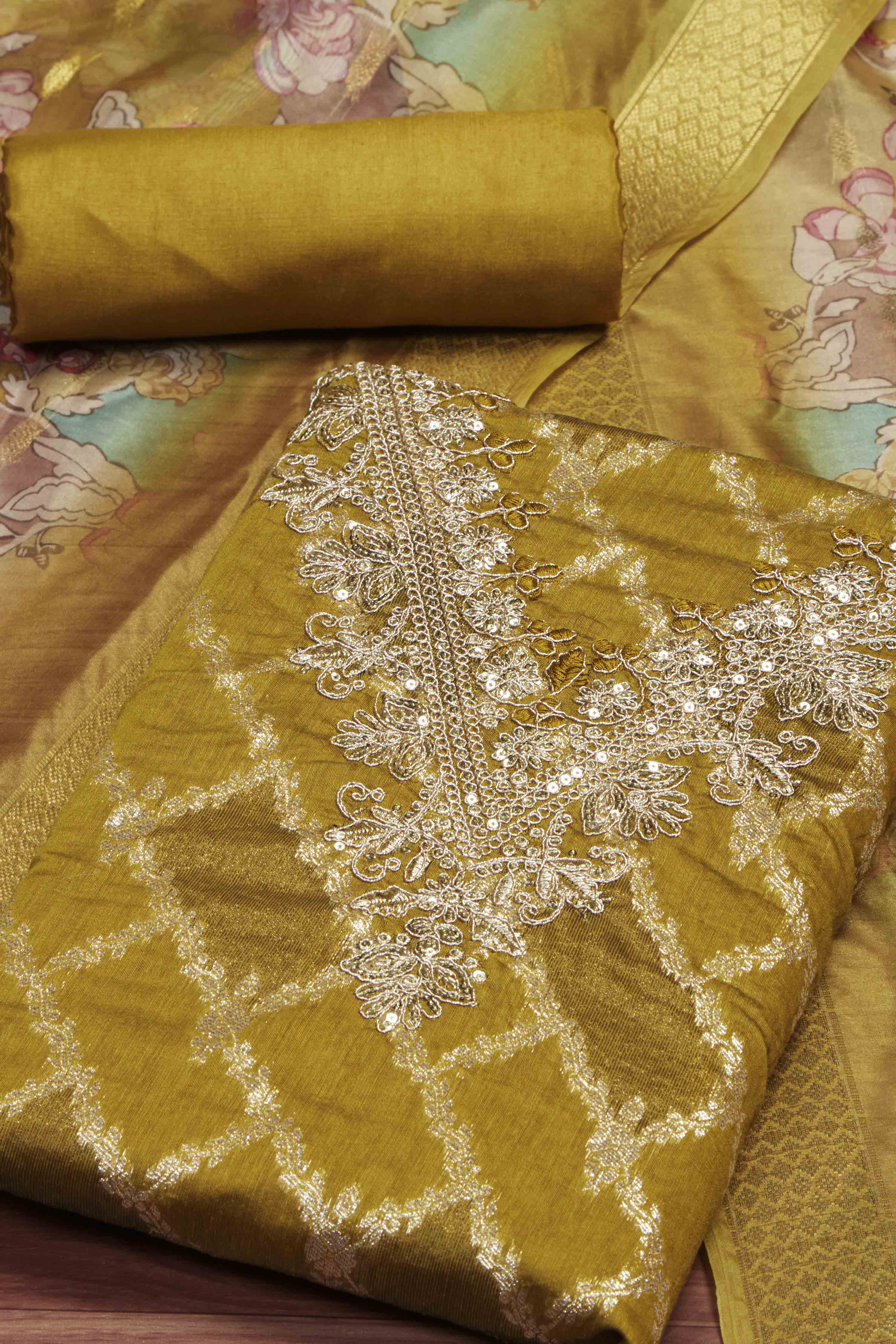 Olive Organza Unstitched Suit Set image number 1