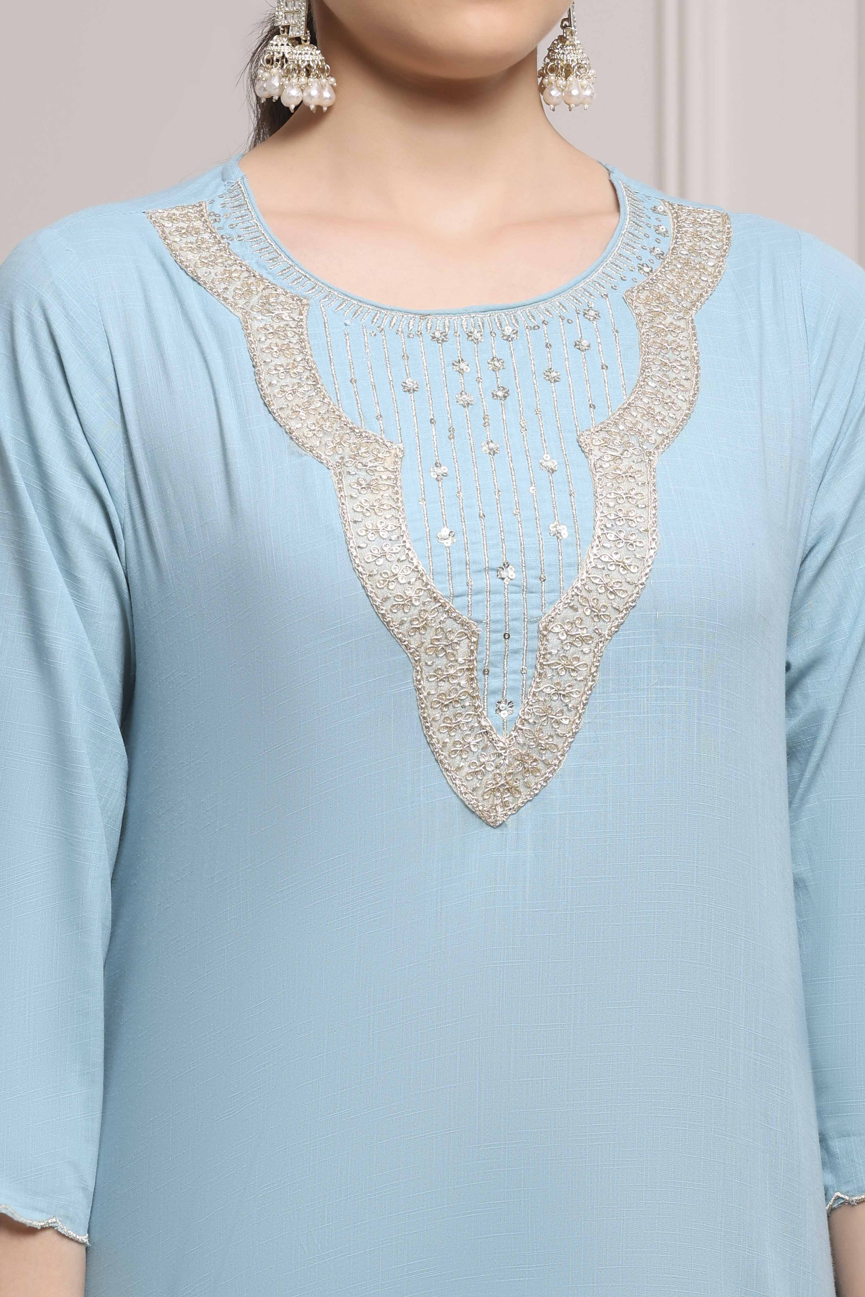 Blue Cotton Straight Solid Kurta image number 1