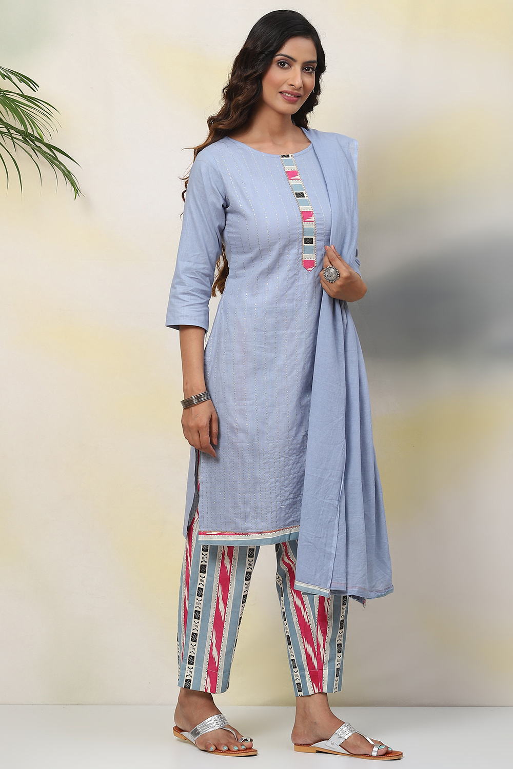 Blue Cotton Unstitched Dress Material Suit Set image number 3
