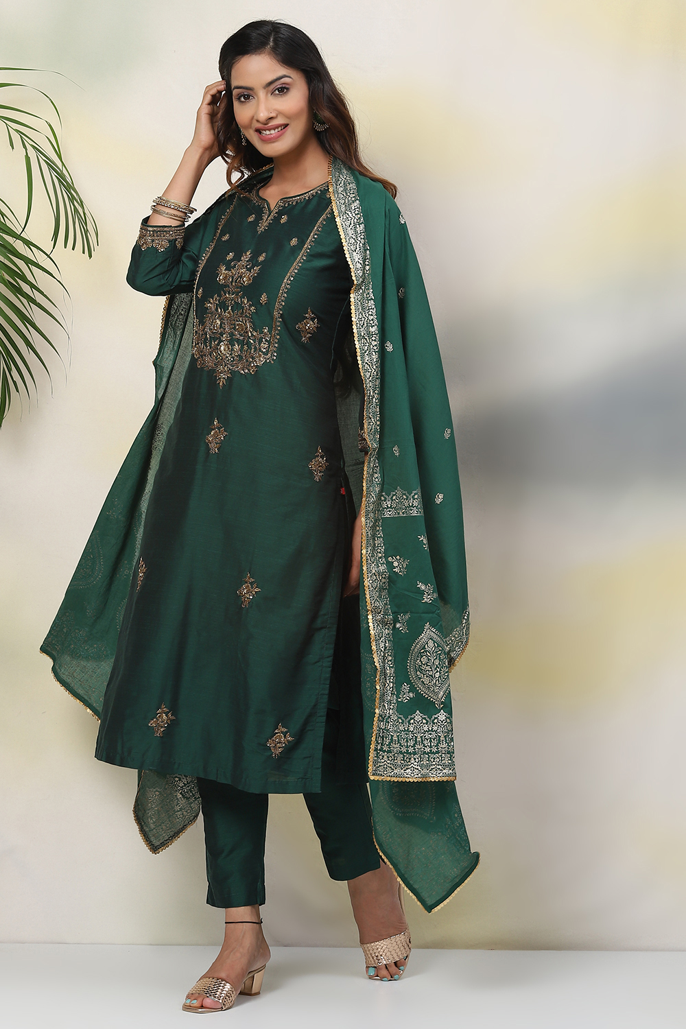 Black Poly Viscose A-Line Kurta Slim Pant Suit Set image number 0