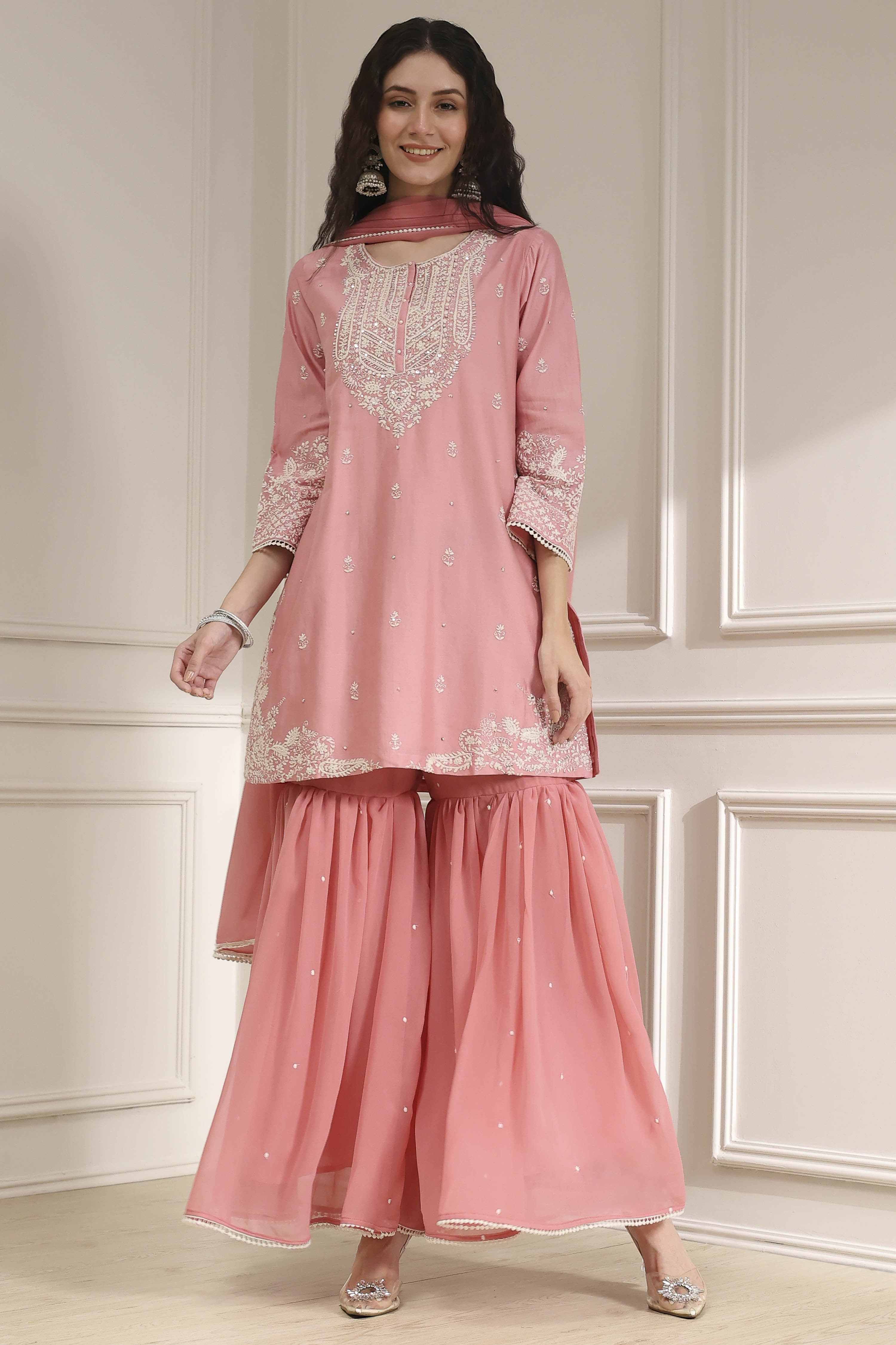 Light Pink Cotton Silk Embroidered Straight Suit Set image number 6