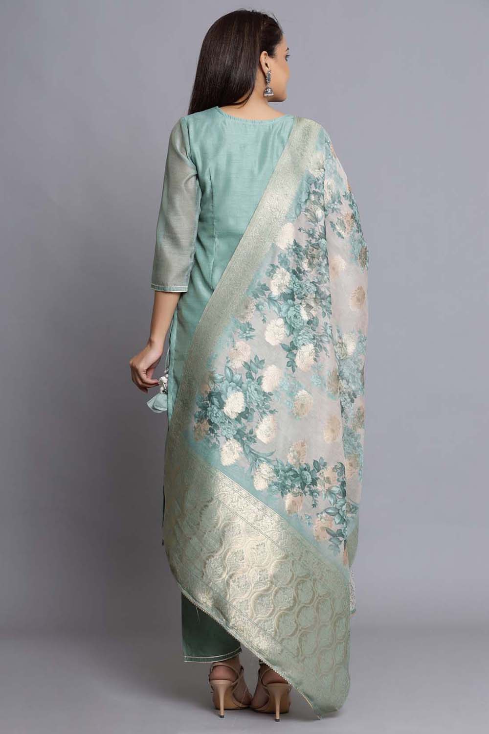 Green Unstitched dress material Suit Set image number 4