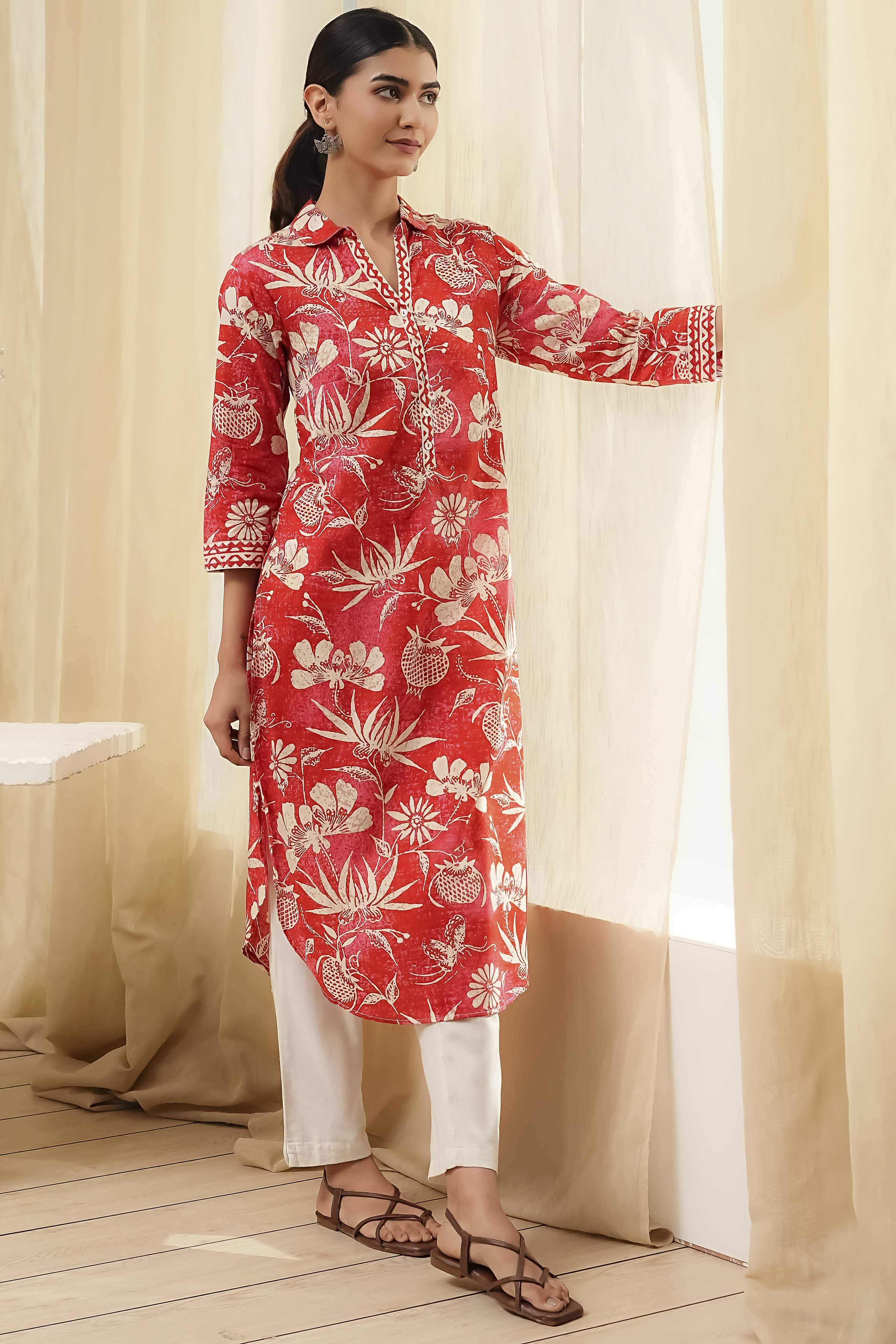 Red Pure Cotton Floral Straight Kurta image number 0