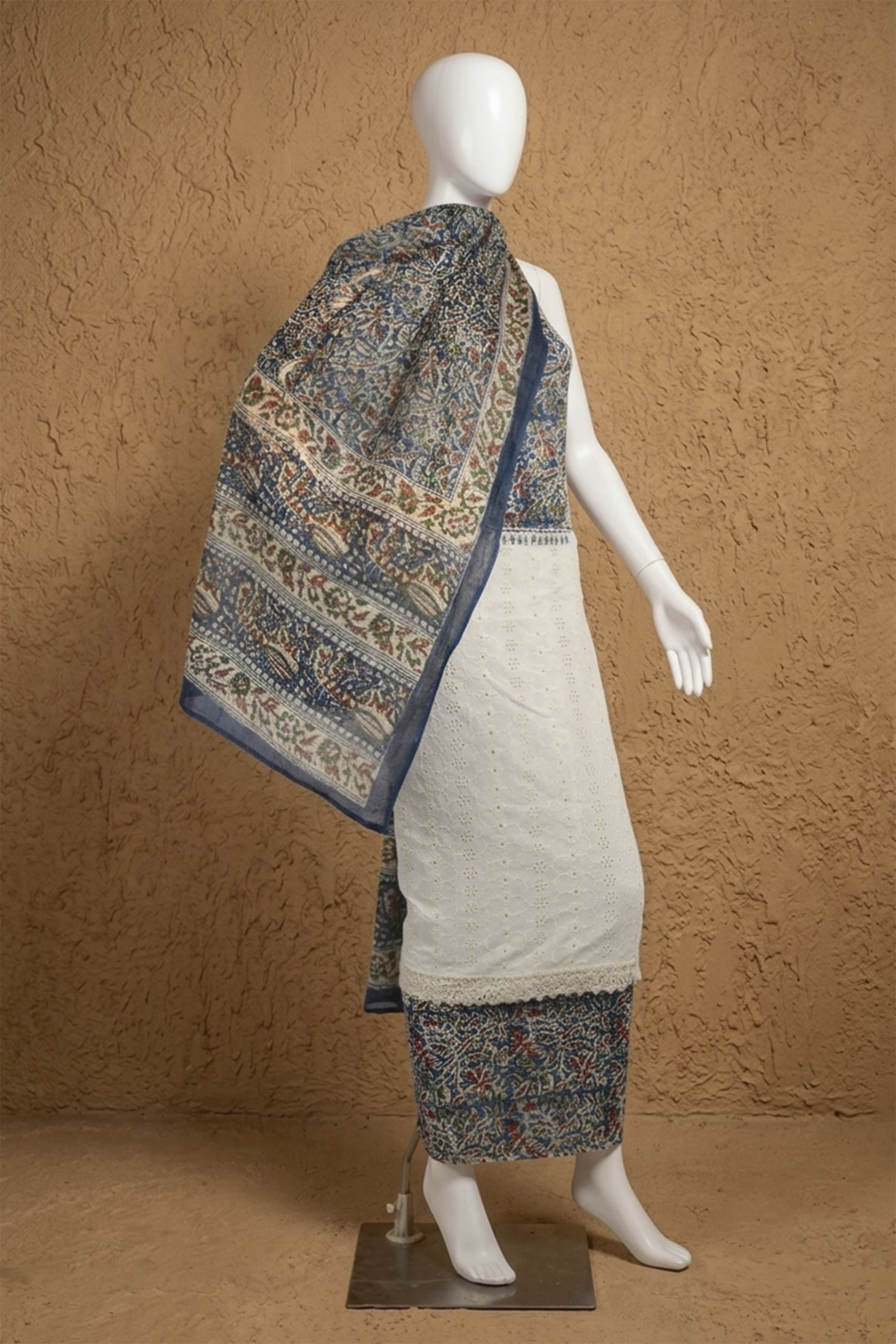 Blue Cotton Printed Unstitched Suit Set image number 4