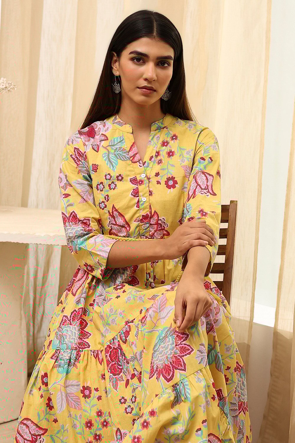Earthy Blue Cotton Floral Tiered Dress image number 1