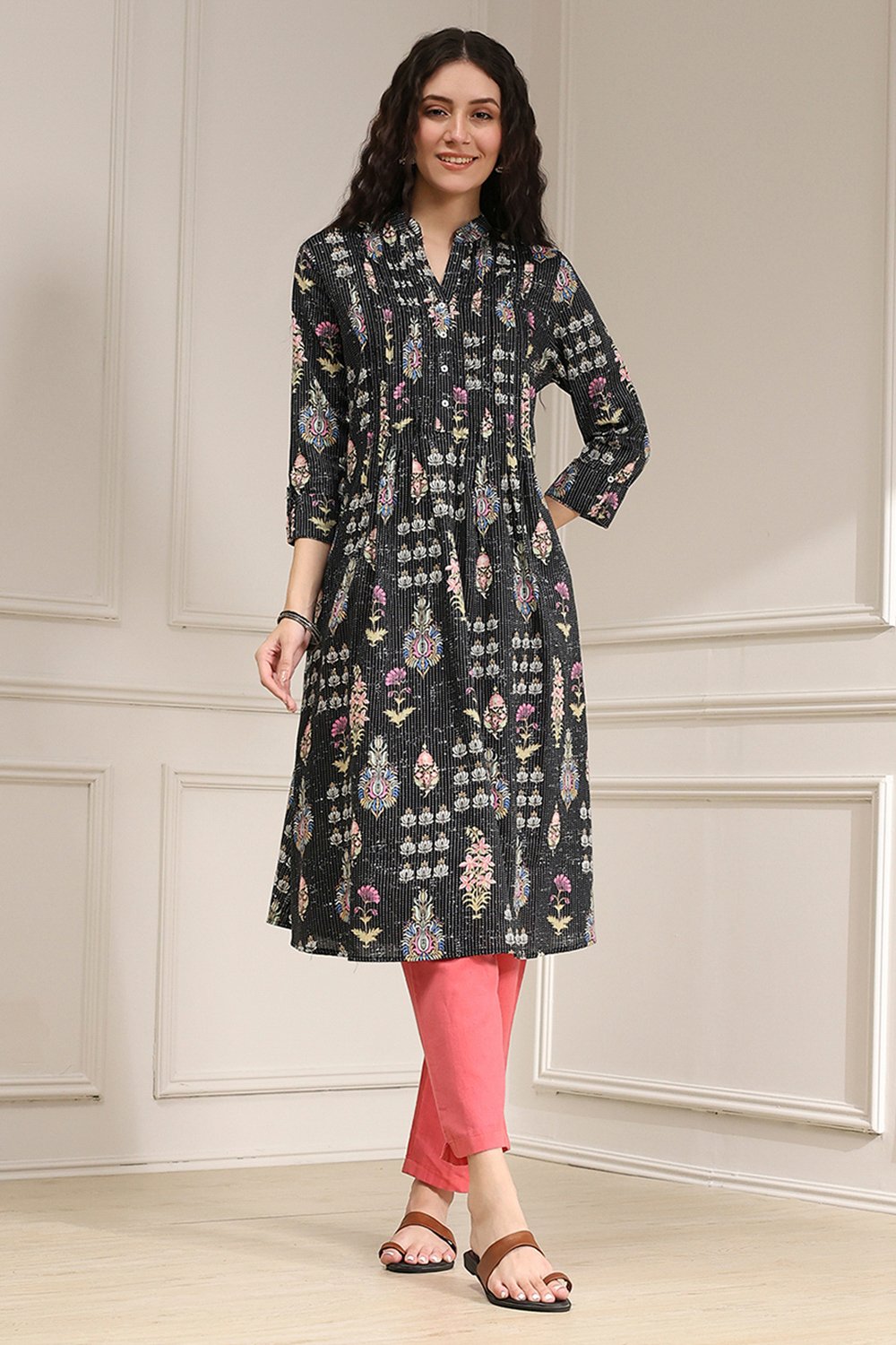 Black Cotton Printed A-Line Kurta image number 5