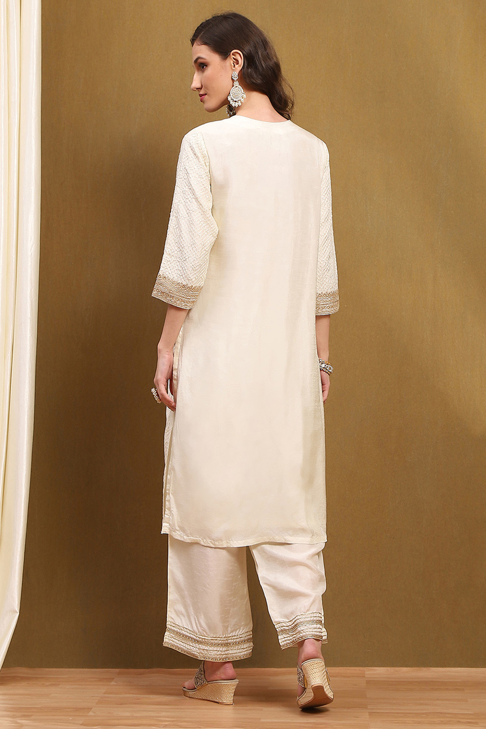Orange Silk Embroidered Festive Straight Suit Set image number 4
