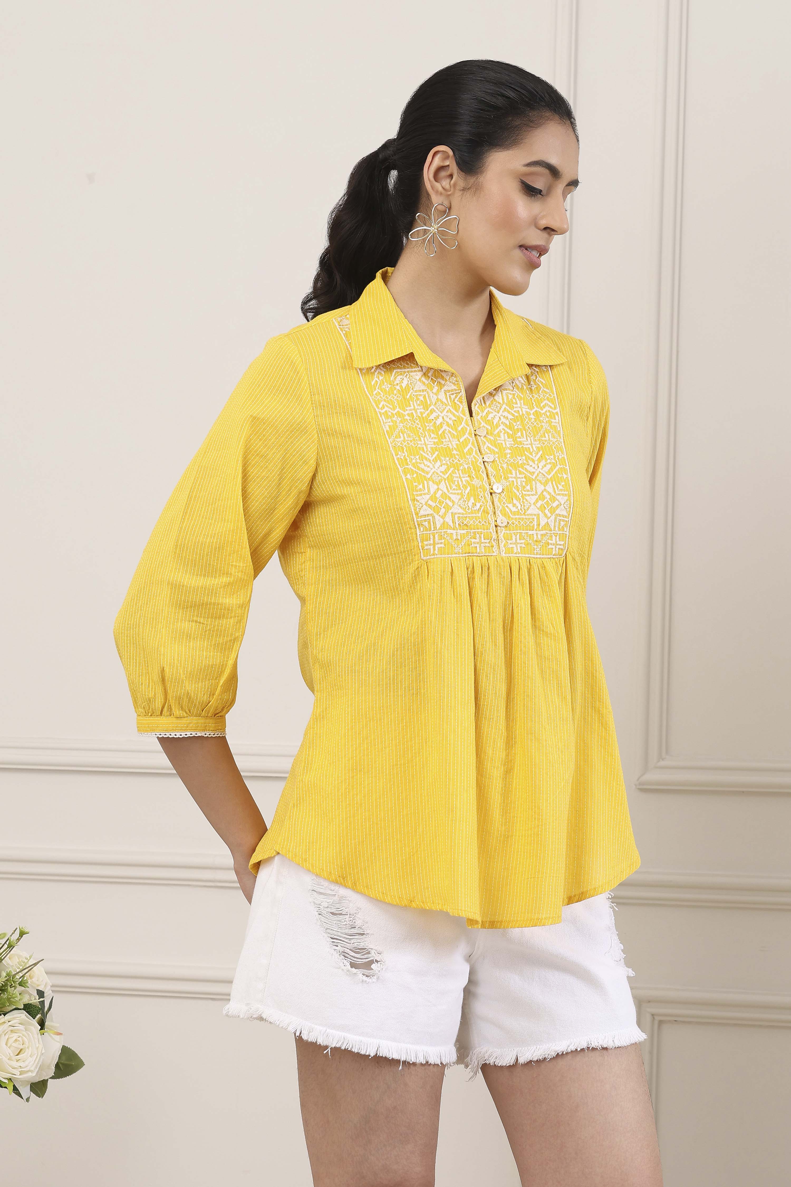 Yellow Cotton Regular Short Kurti image number 4