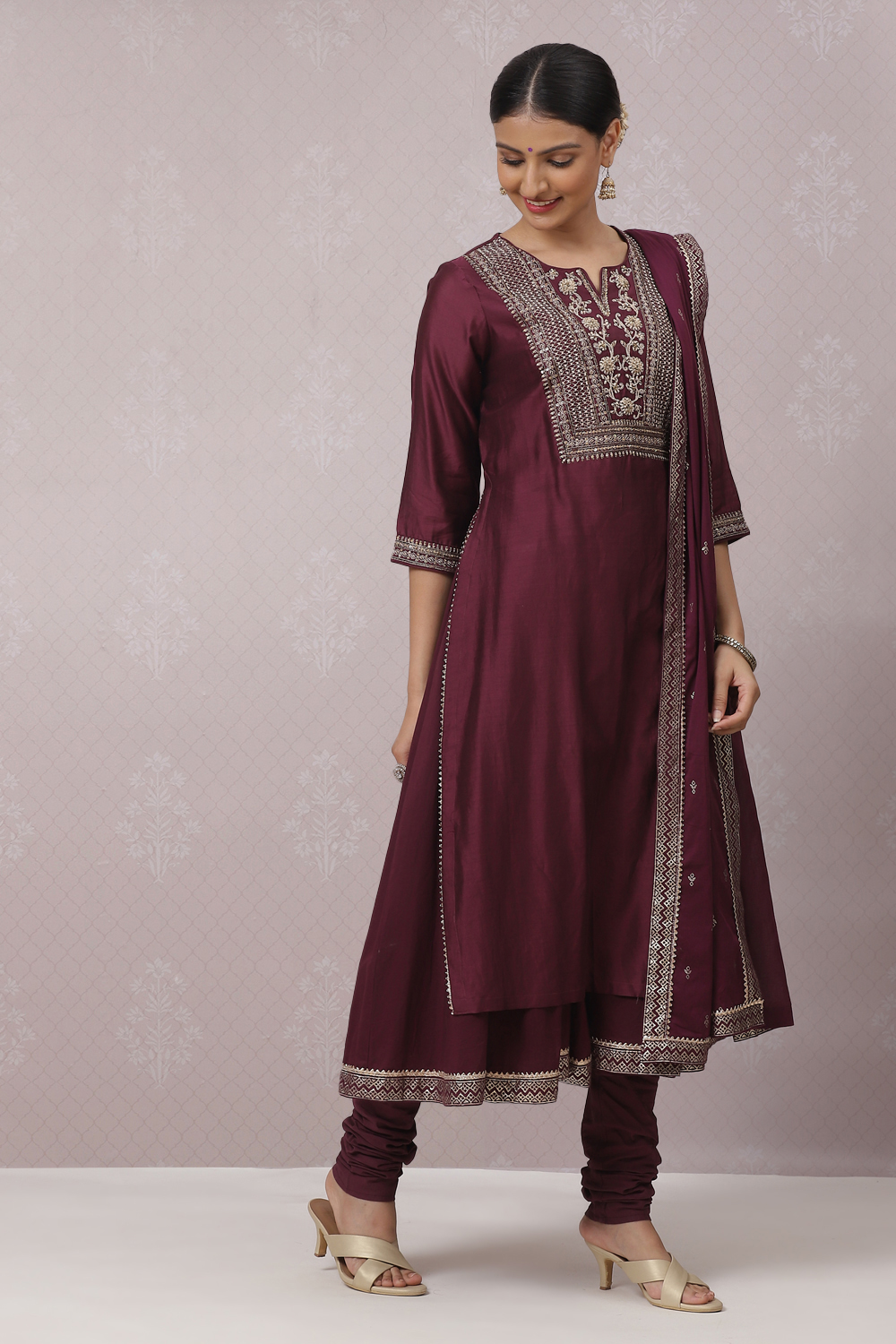 Wine Cotton Silk Flared Kurta Churidar Suit Set image number 7