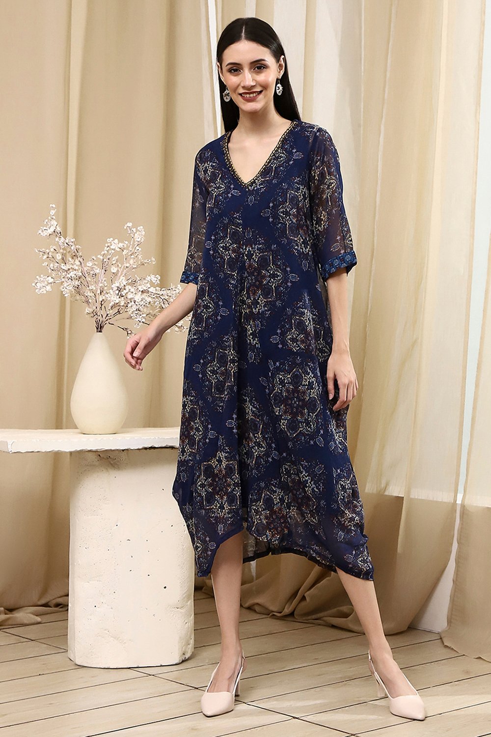 Blue Georgette Printed Asymmetric Dress image number 5