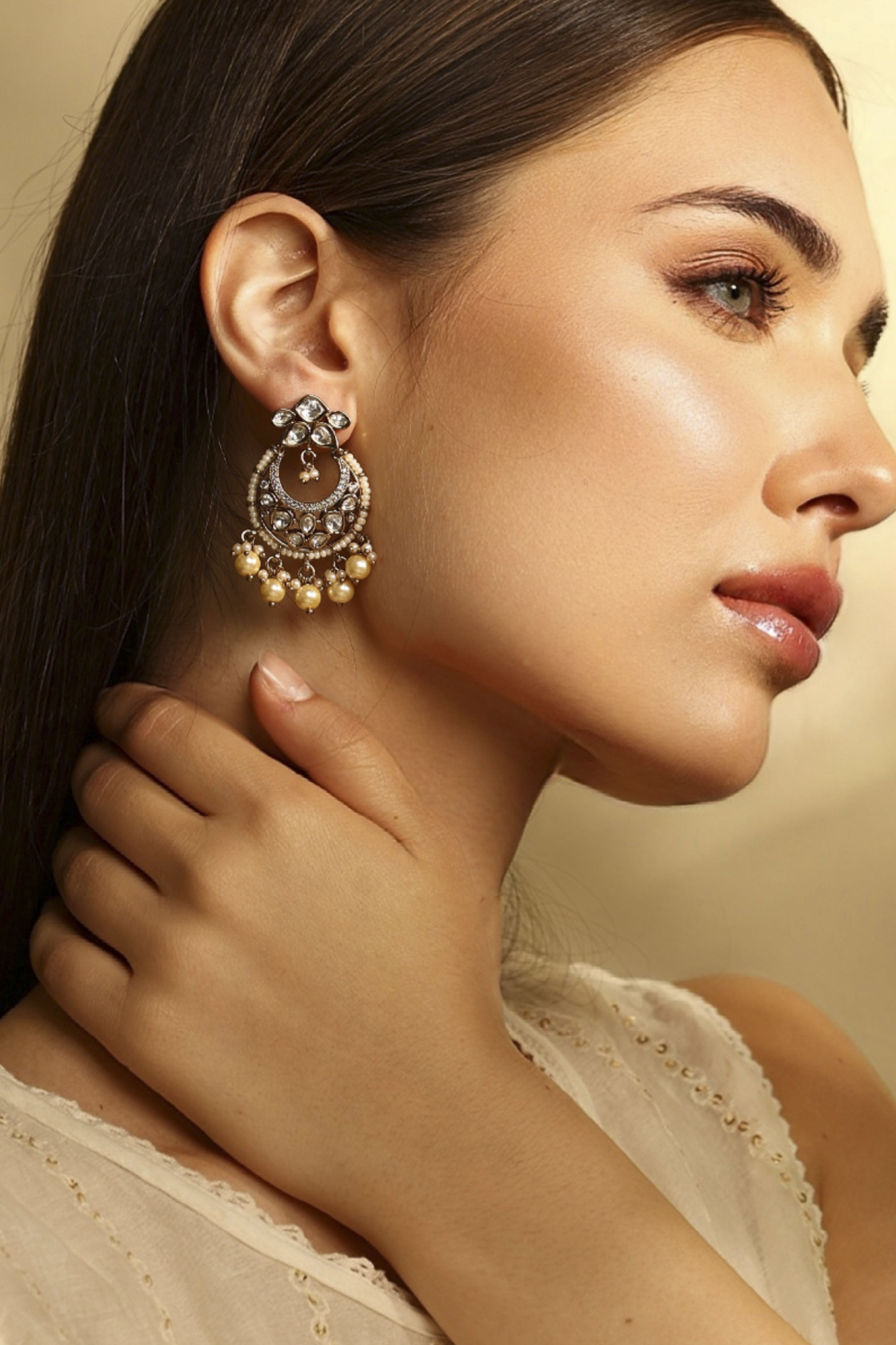 White Brass Gold-Plated Chandbali Earrings image number 3